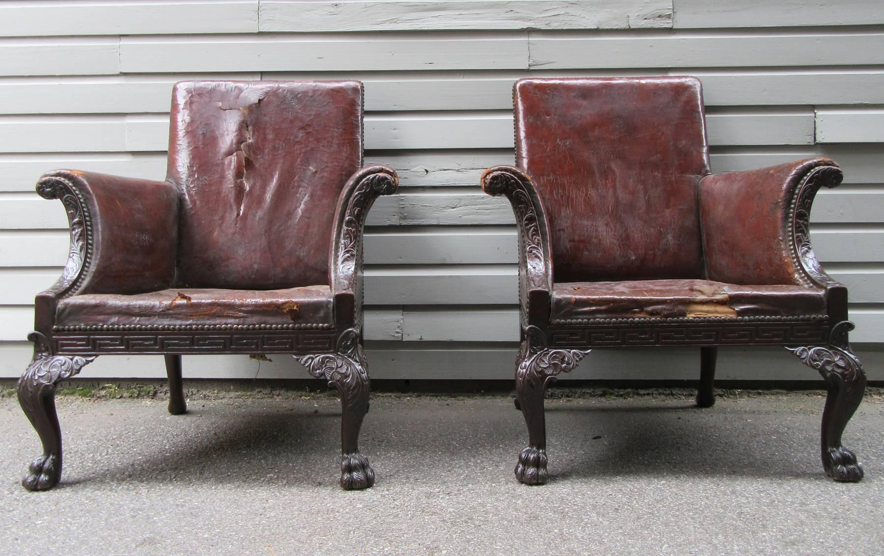 Large Pair of Early 19th Century Irish Chippendale Mahogany Library Chairs 4