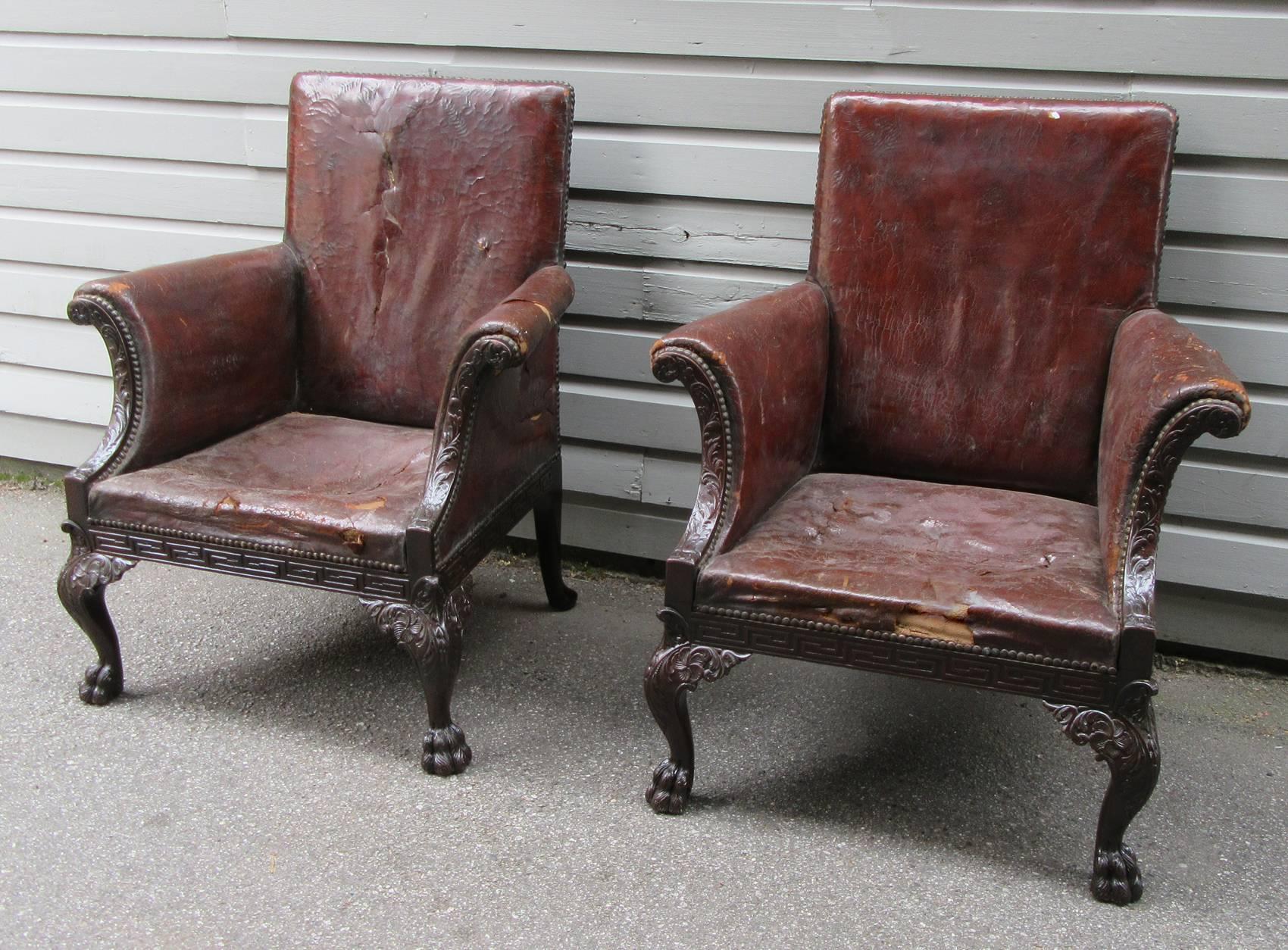 Carved Large Pair of Early 19th Century Irish Chippendale Mahogany Library Chairs