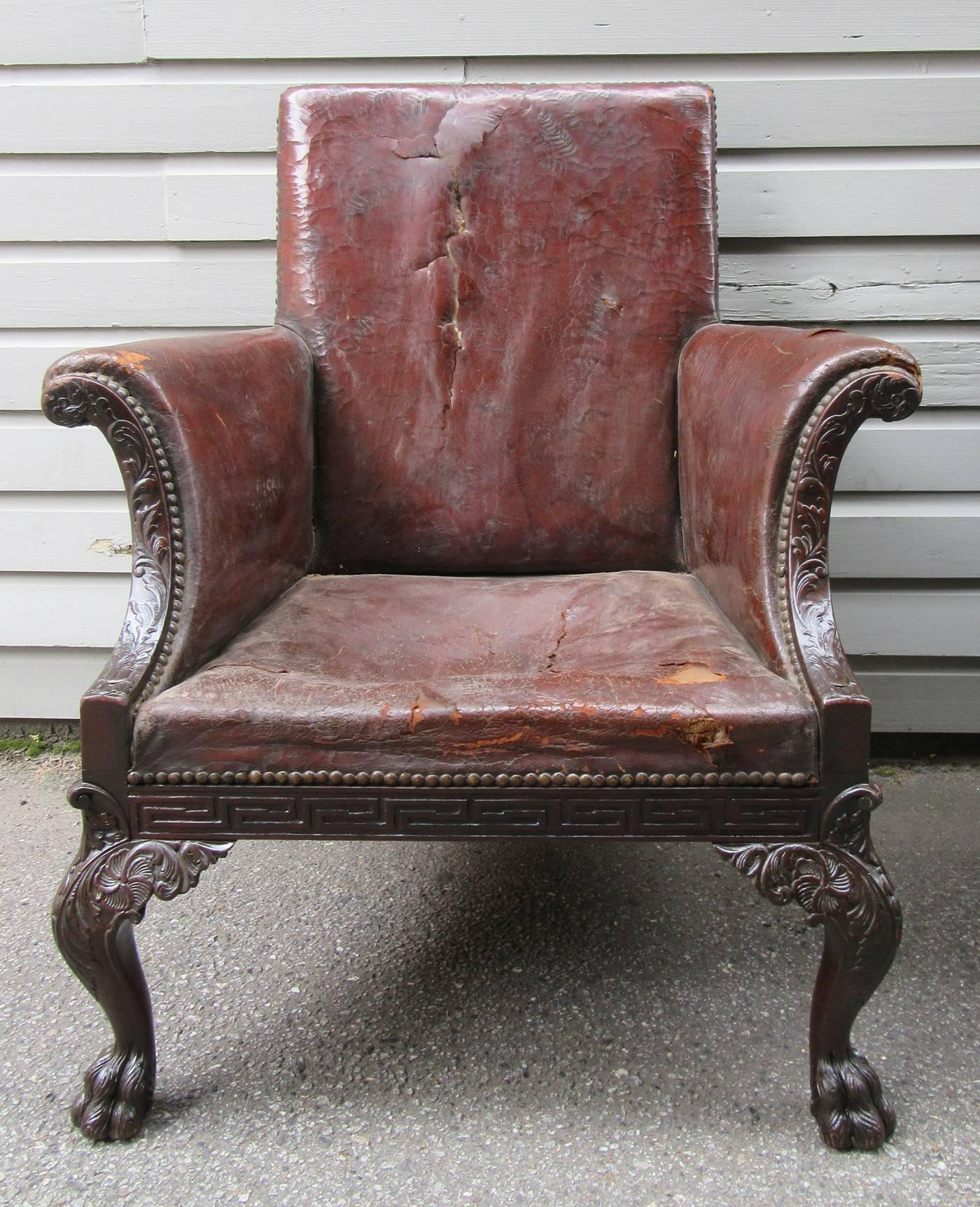 Large Pair of Early 19th Century Irish Chippendale Mahogany Library Chairs In Excellent Condition In Charleston, SC
