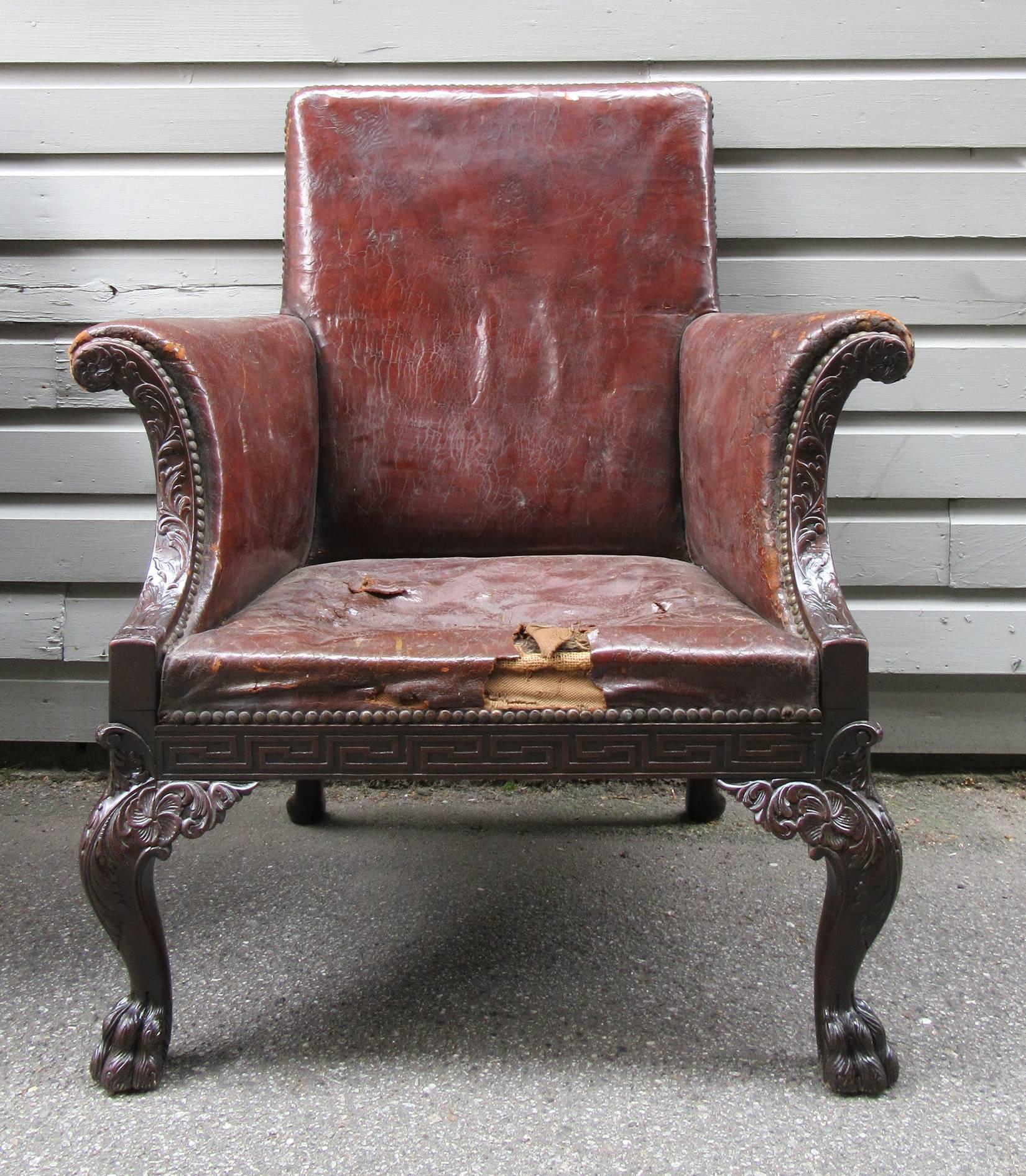 Leather Large Pair of Early 19th Century Irish Chippendale Mahogany Library Chairs