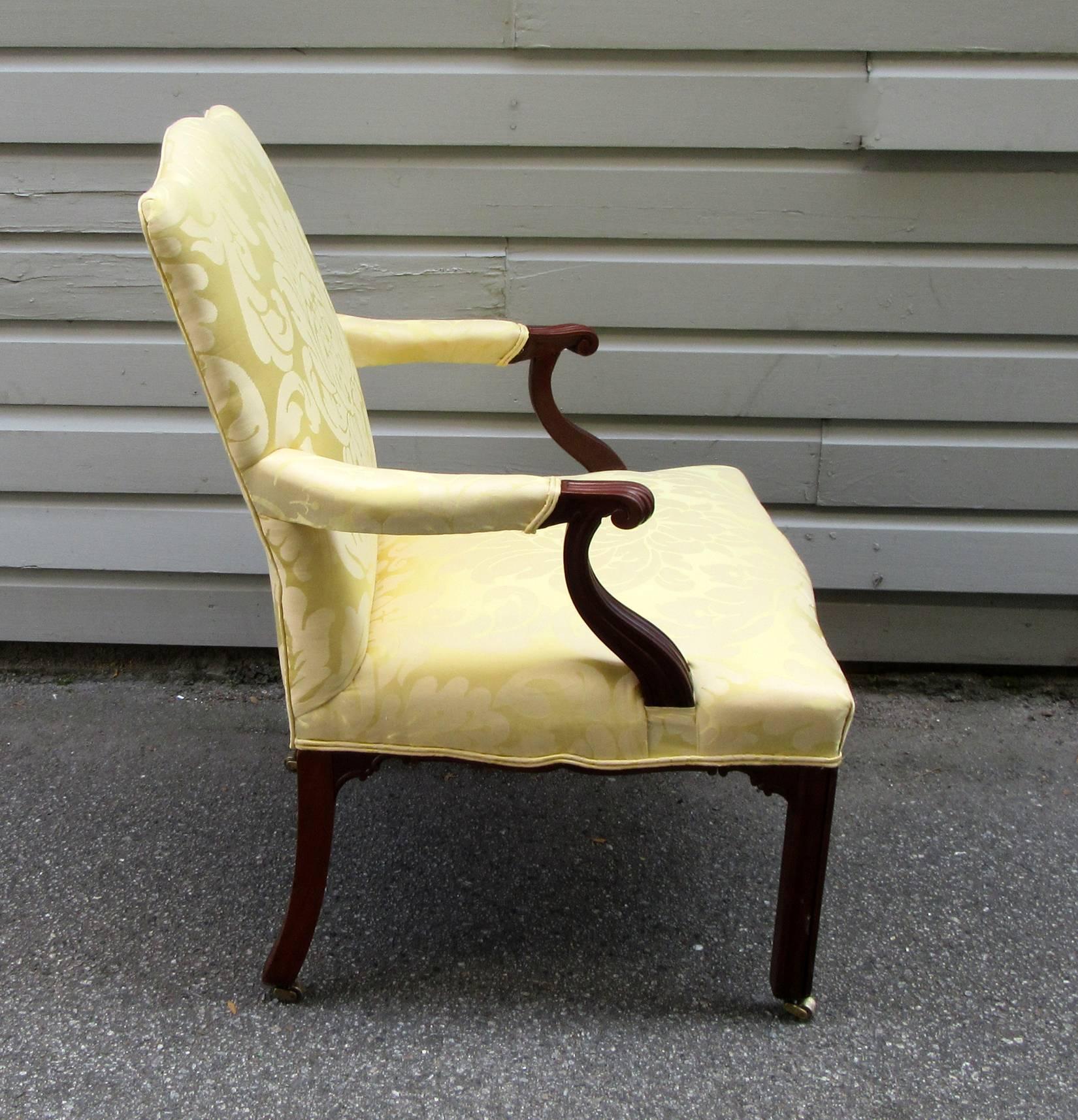 Carved 18th Century English Chippendale Mahogany Upholstered Open Armchair