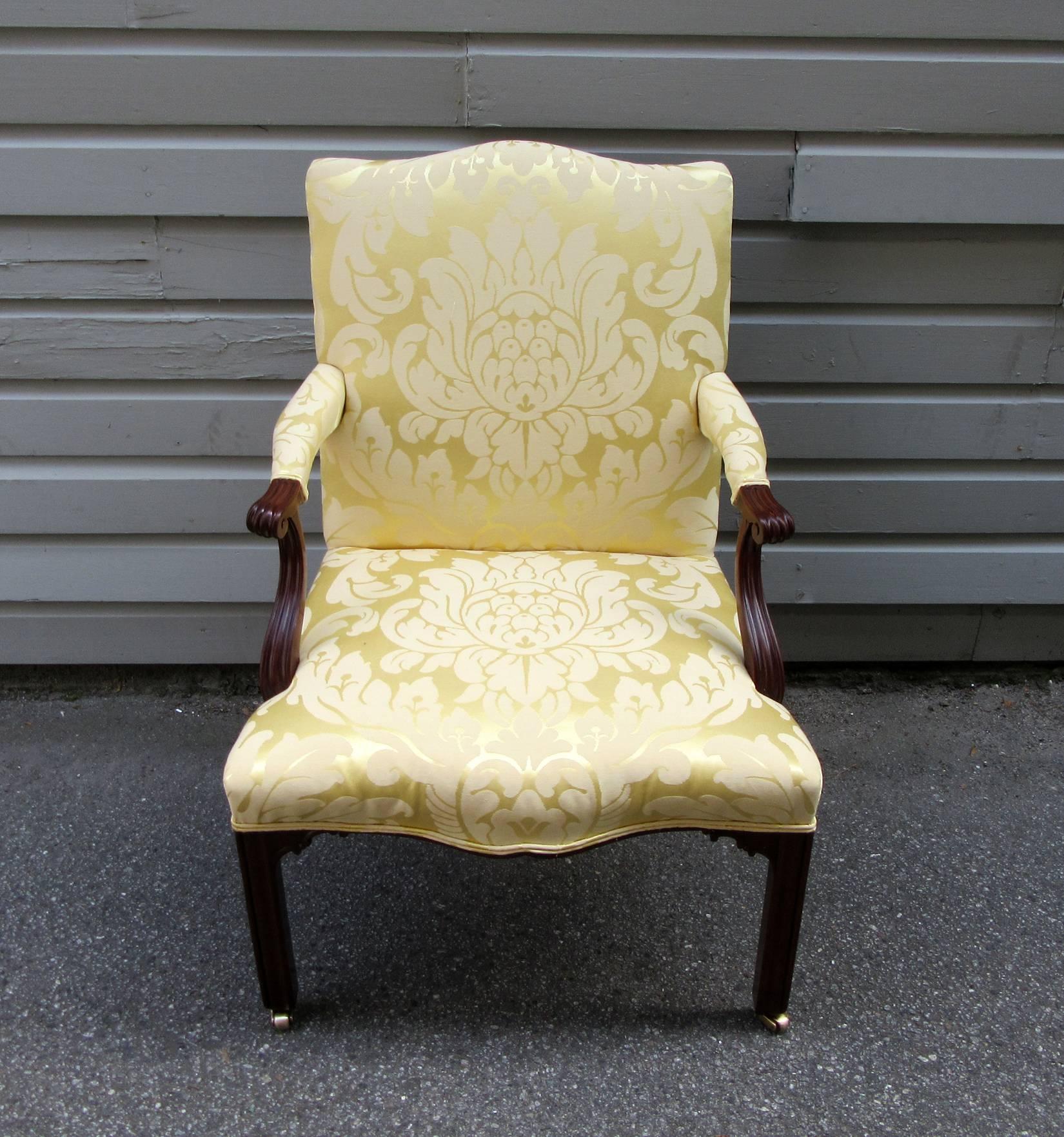 Fabric 18th Century English Chippendale Mahogany Upholstered Open Armchair