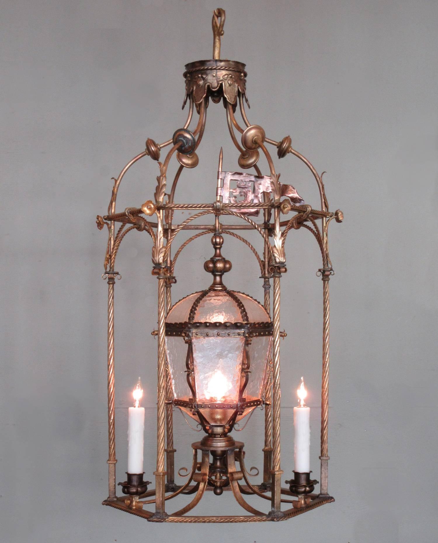 19th Century Italian Venetian Gilt Tole Lantern with Oil Lamp 1