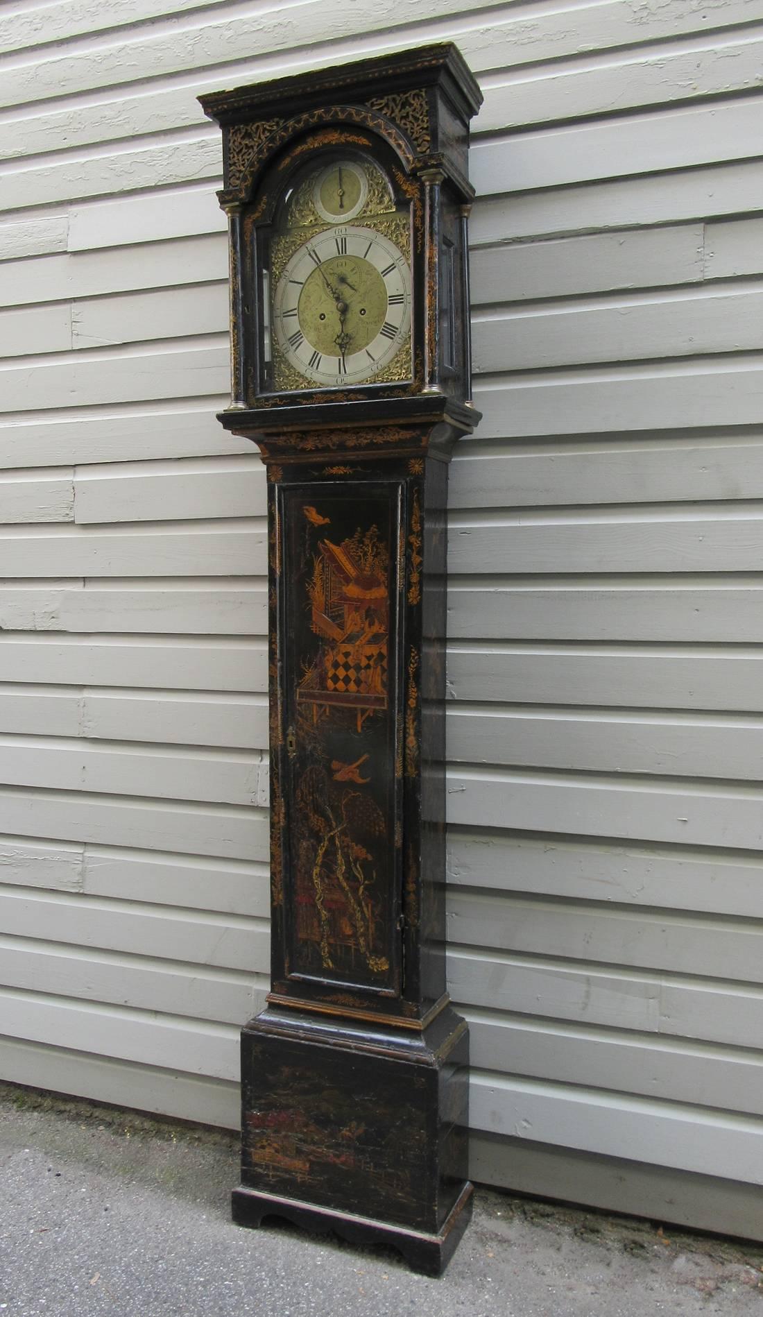 18th Century English Queen Anne Chinoiserie Tall Case Clock Signed by Maker In Excellent Condition In Charleston, SC