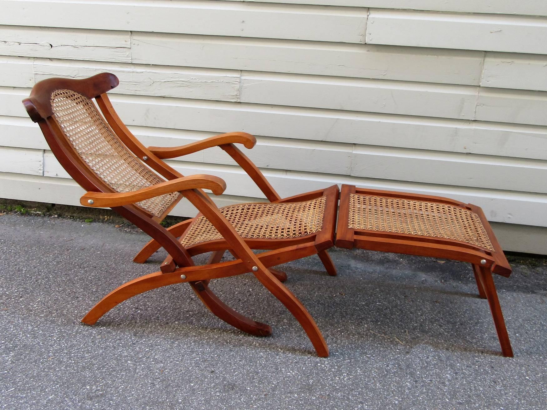 Martinican Early 20th Century Caribbean Martinique Mahogany and Cane Folding Deck Chair