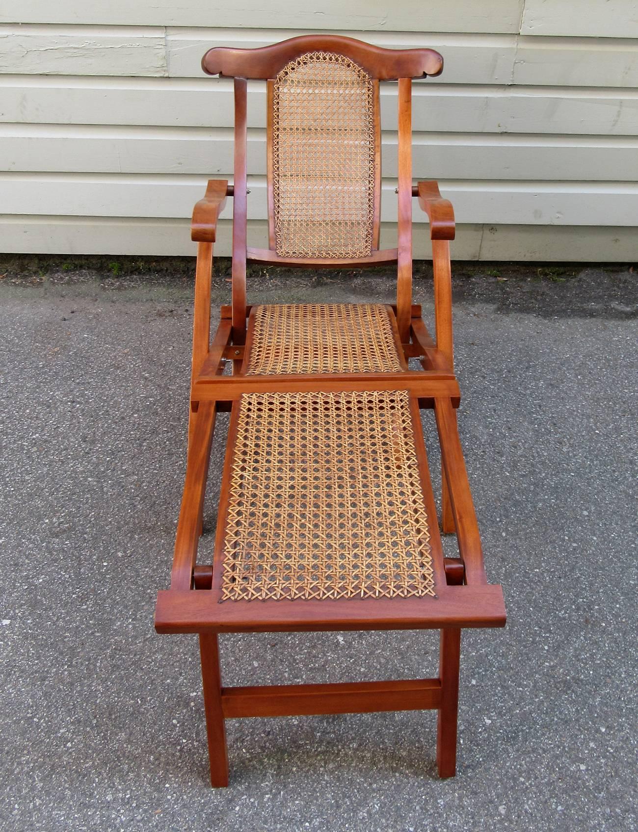 Early 20th Century Caribbean Martinique Mahogany and Cane Folding Deck Chair 1