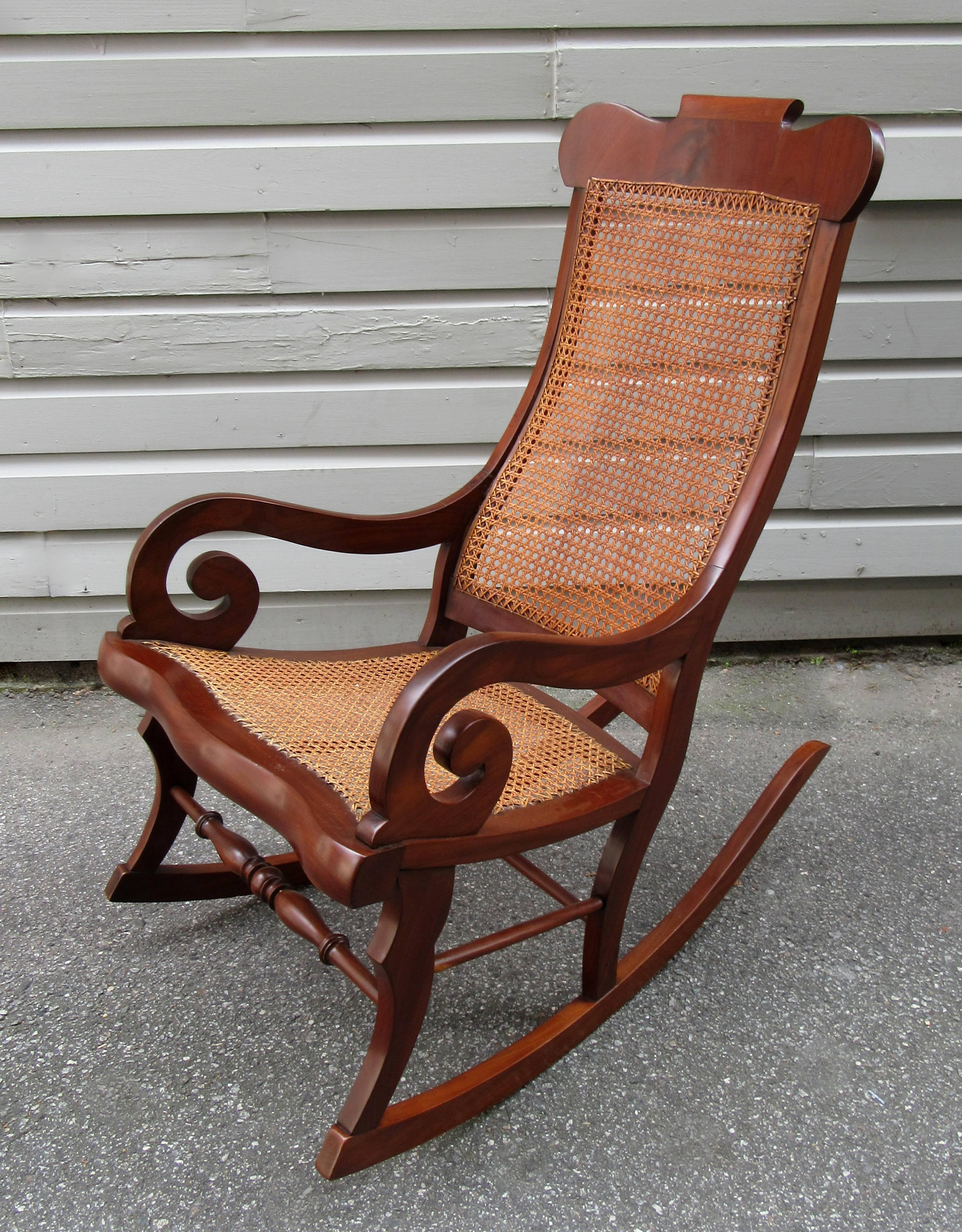 Hand-Carved 19th Century St. Croix Regency Mahogany and Cane Rocking Chair
