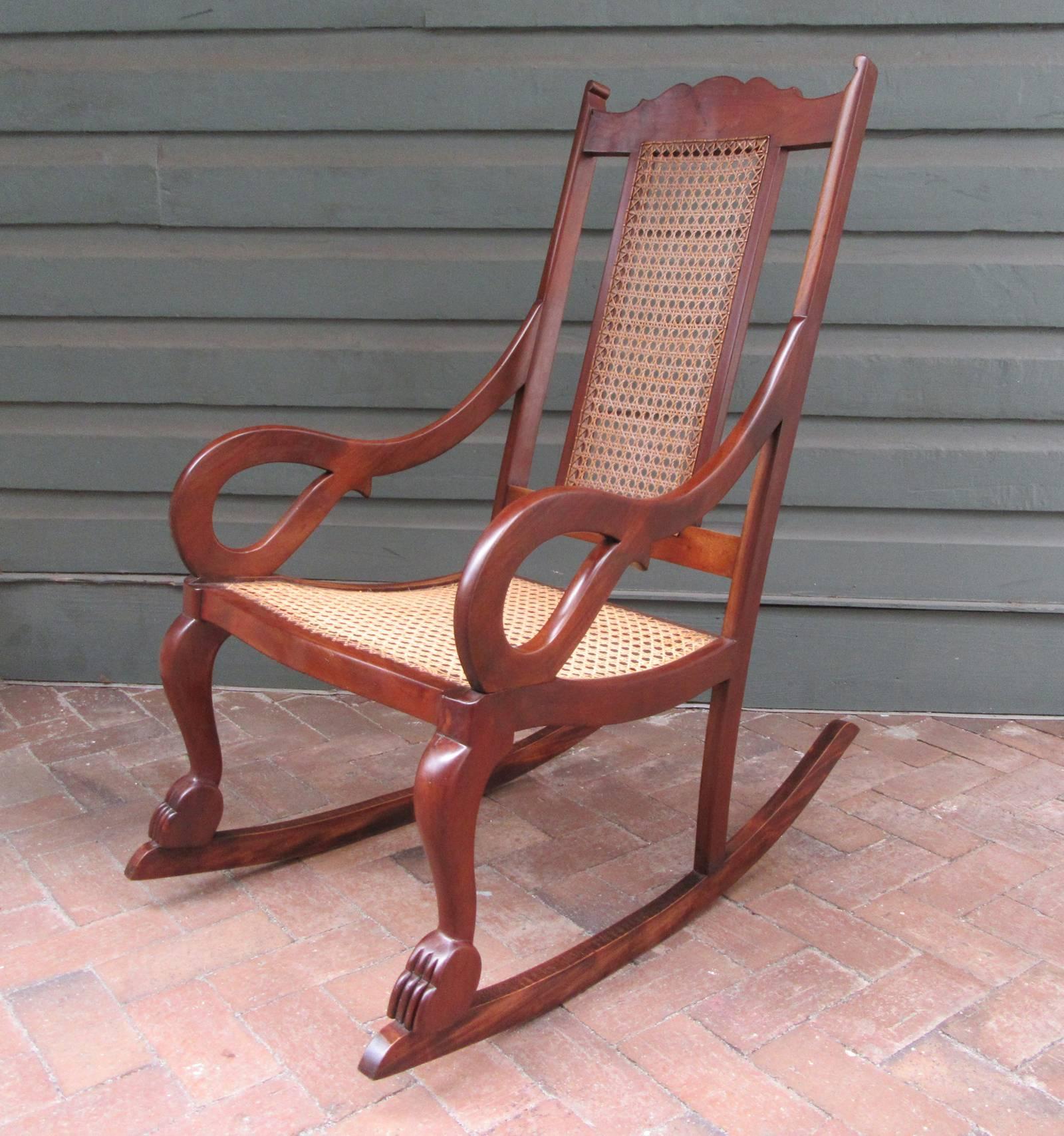 Virgin Islands Early 19th Century Caribbean Regency Mahogany and Cane Rocking Chair For Sale