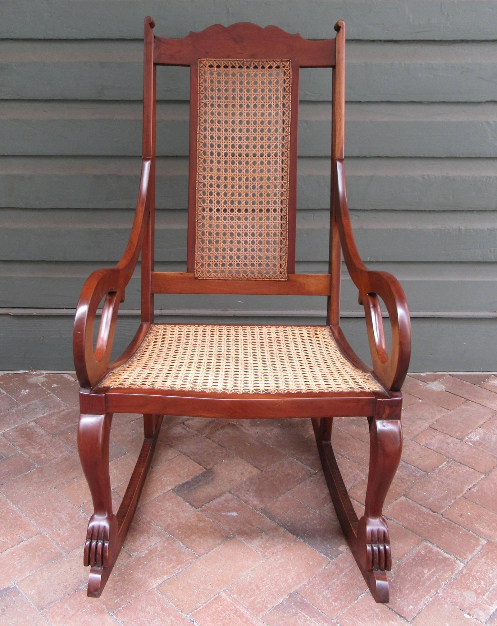 Early 19th Century Caribbean Regency Mahogany and Cane Rocking Chair For Sale 1