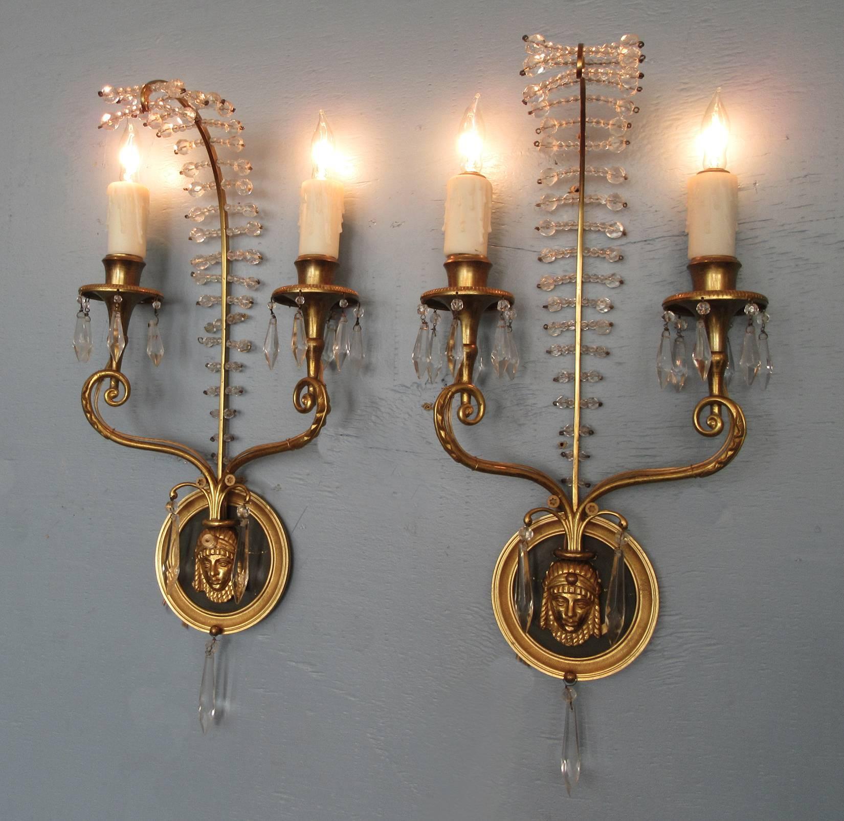 Patinated Early 20th Century Italian Egyptian Bronze and Crystal Sconces For Sale