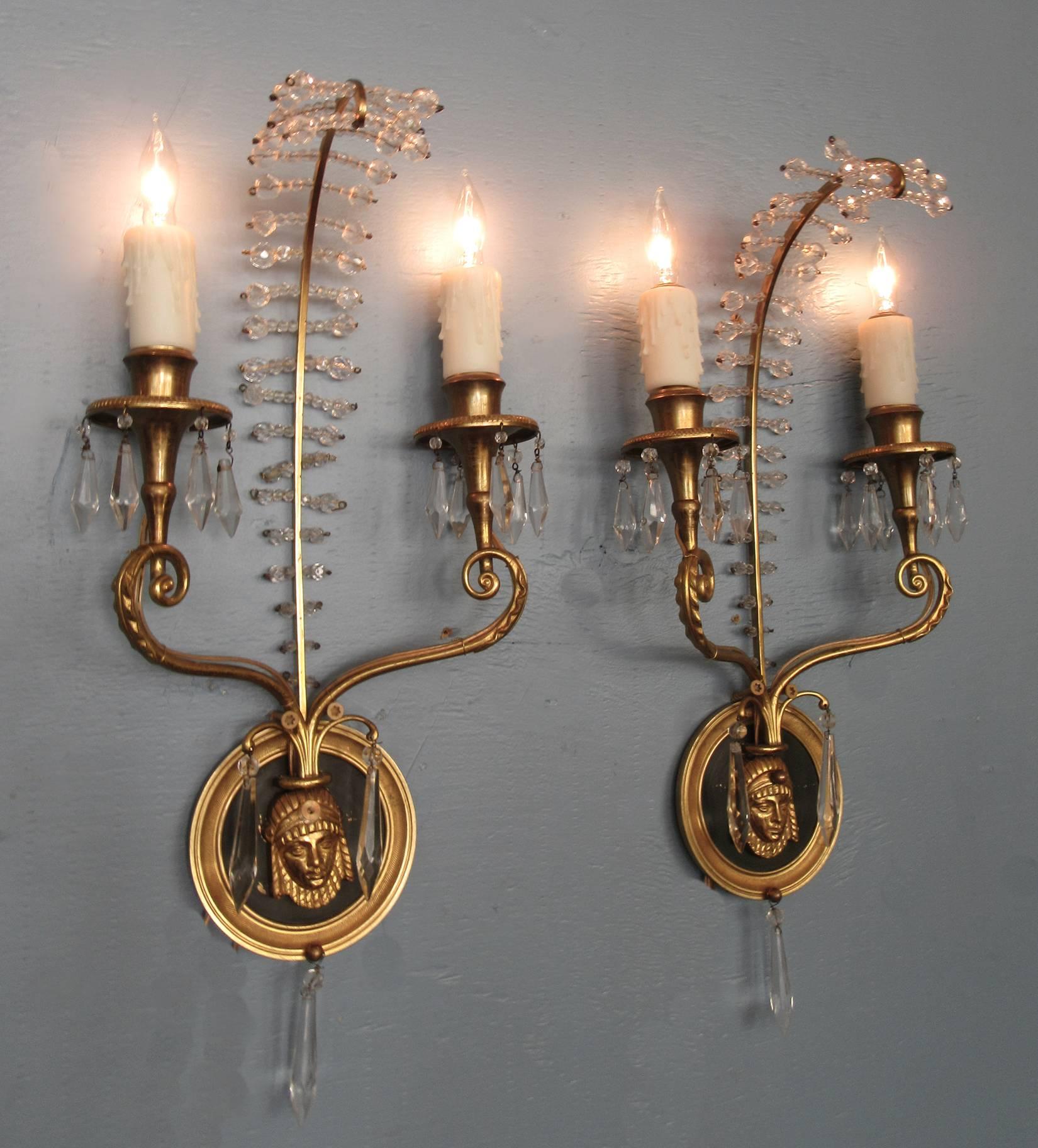 Early 20th Century Italian Egyptian Bronze and Crystal Sconces In Good Condition For Sale In Charleston, SC