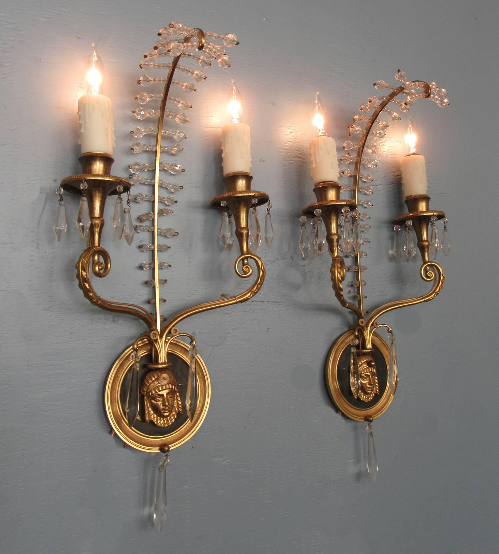 Early 20th Century Italian Egyptian Bronze and Crystal Sconces For Sale 1