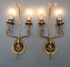 Early 20th Century Italian Egyptian Bronze and Crystal Sconces