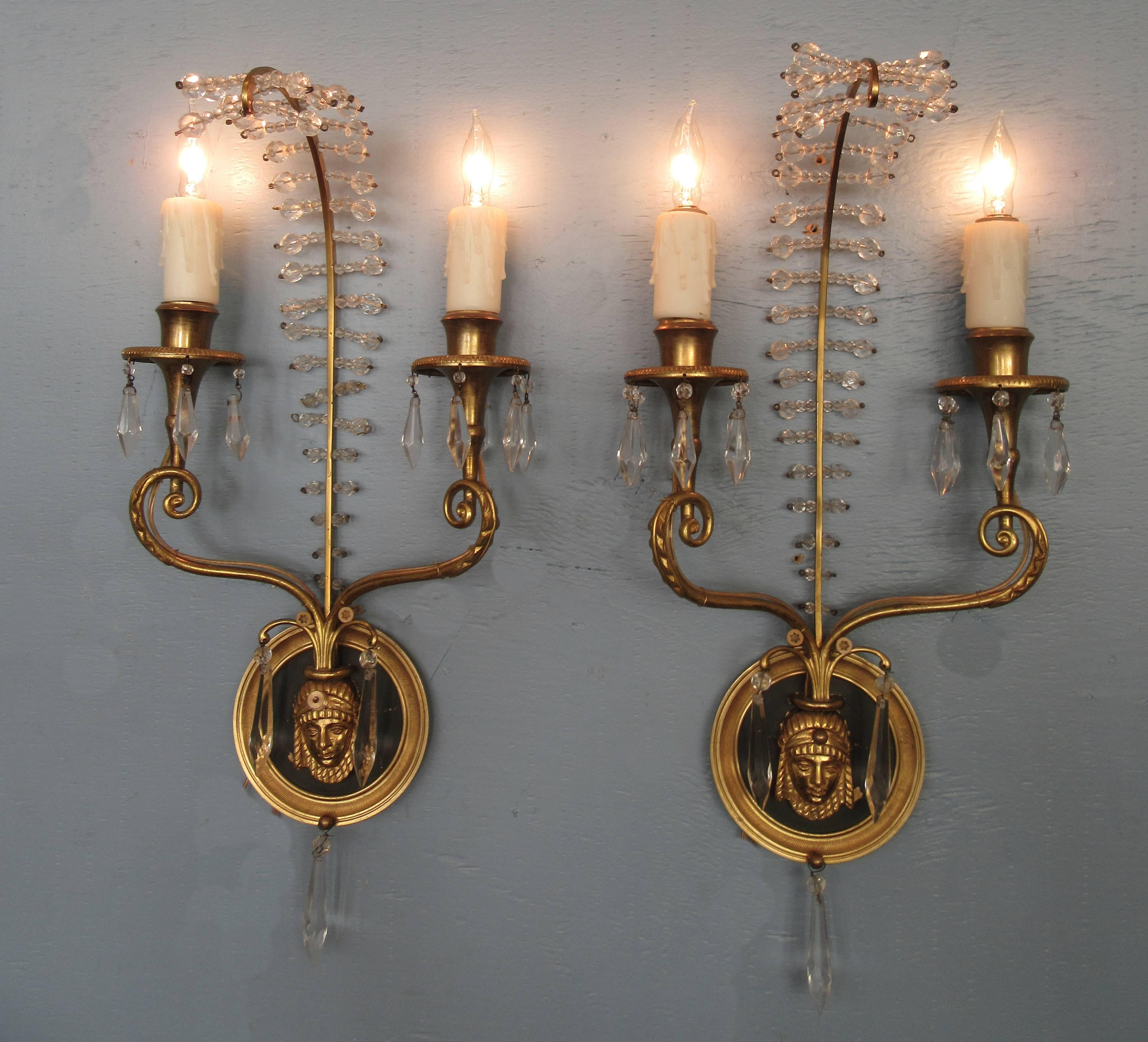 Early 20th Century Italian Egyptian Bronze and Crystal Sconces For Sale 2