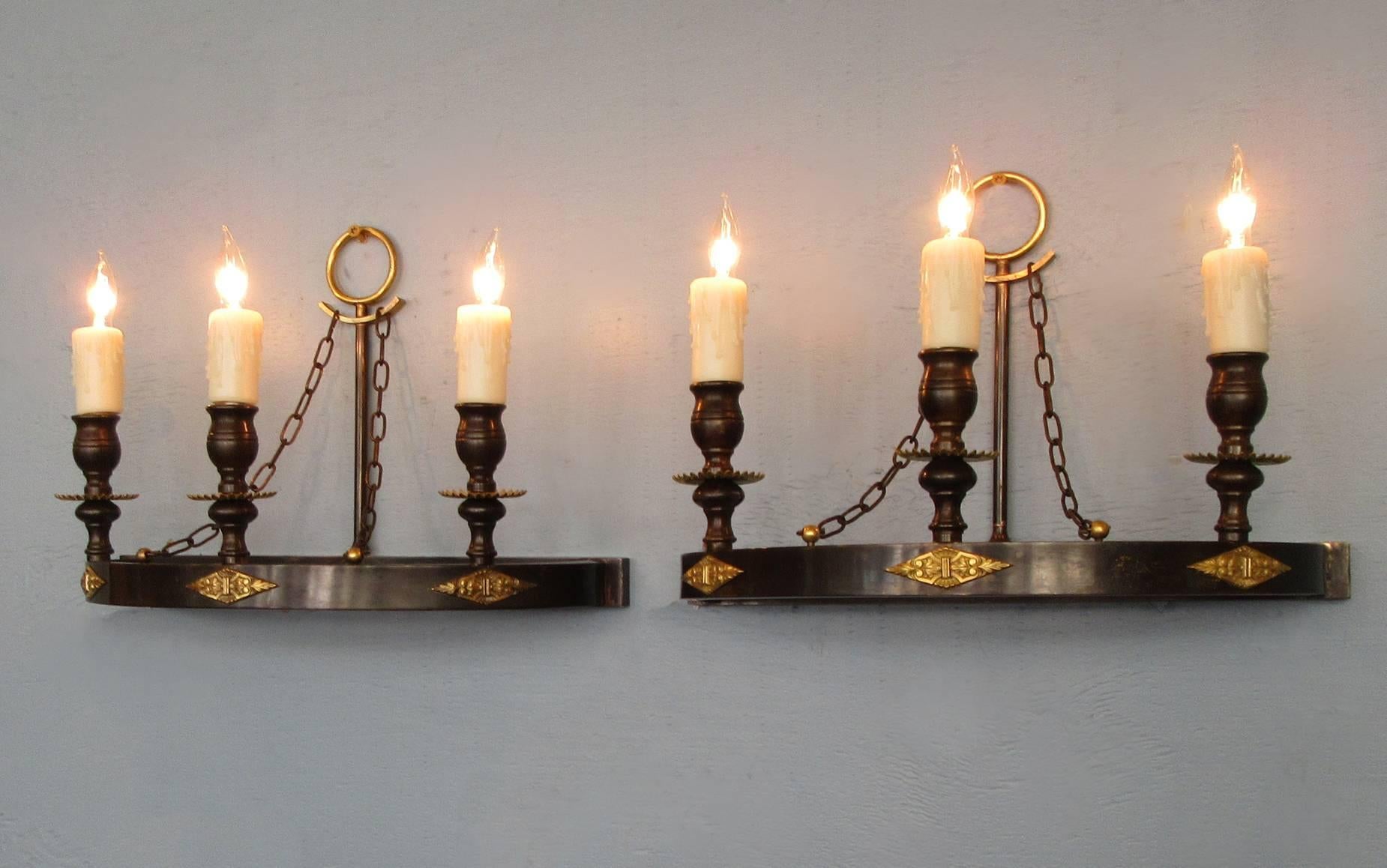 Pair of Early 20th Century Italian Empire Patinated Bronze Demilune Sconces 3