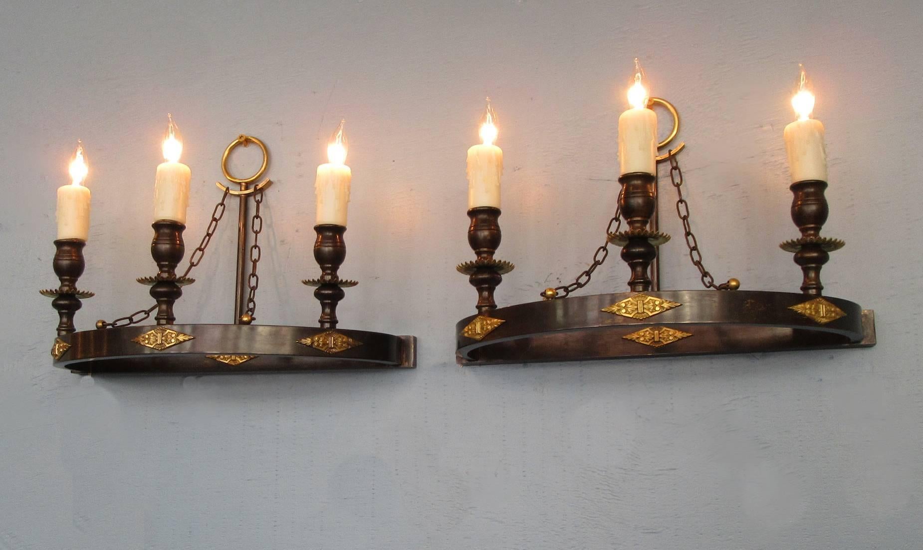 Pair of Early 20th Century Italian Empire Patinated Bronze Demilune Sconces 2