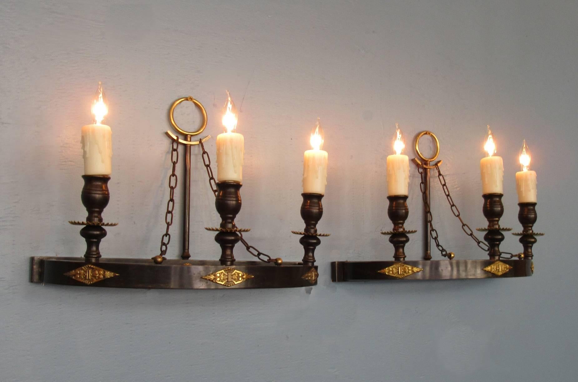 Pair of Early 20th Century Italian Empire Patinated Bronze Demilune Sconces 4