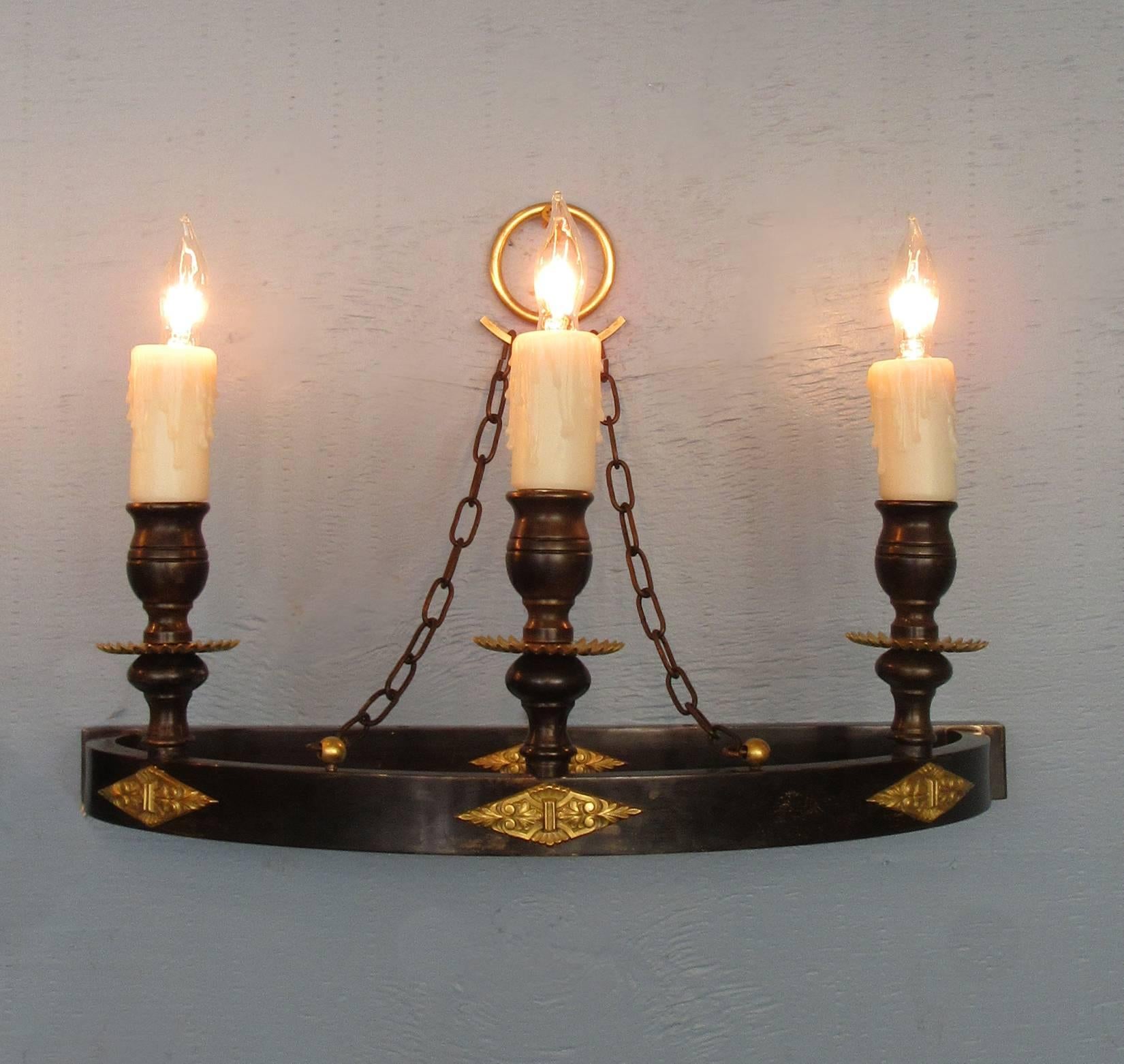 Pair of Early 20th Century Italian Empire Patinated Bronze Demilune Sconces In Excellent Condition In Charleston, SC