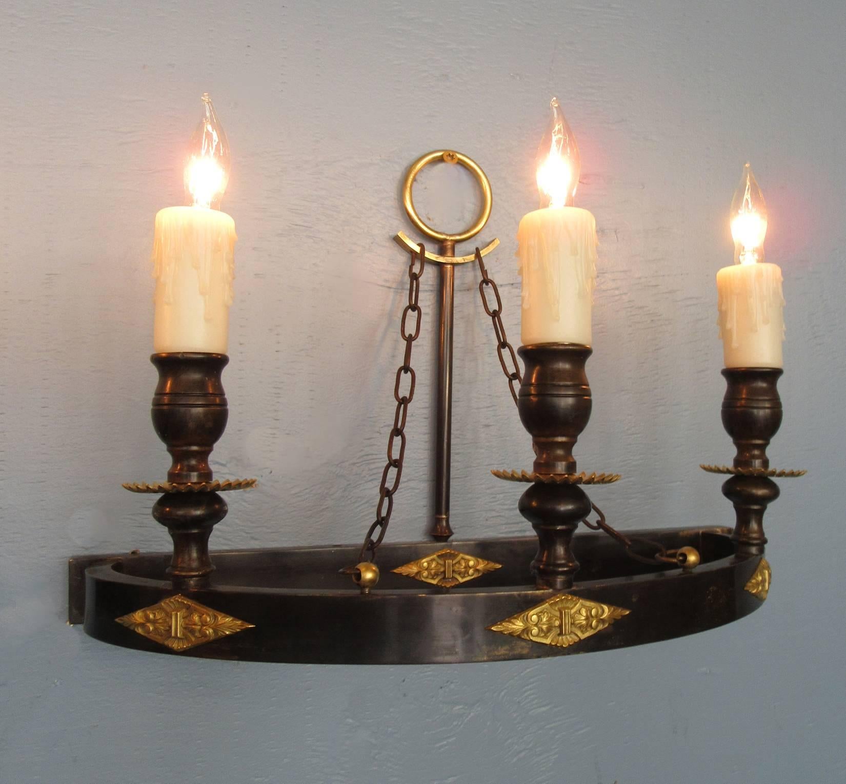 Pair of Early 20th Century Italian Empire Patinated Bronze Demilune Sconces 1