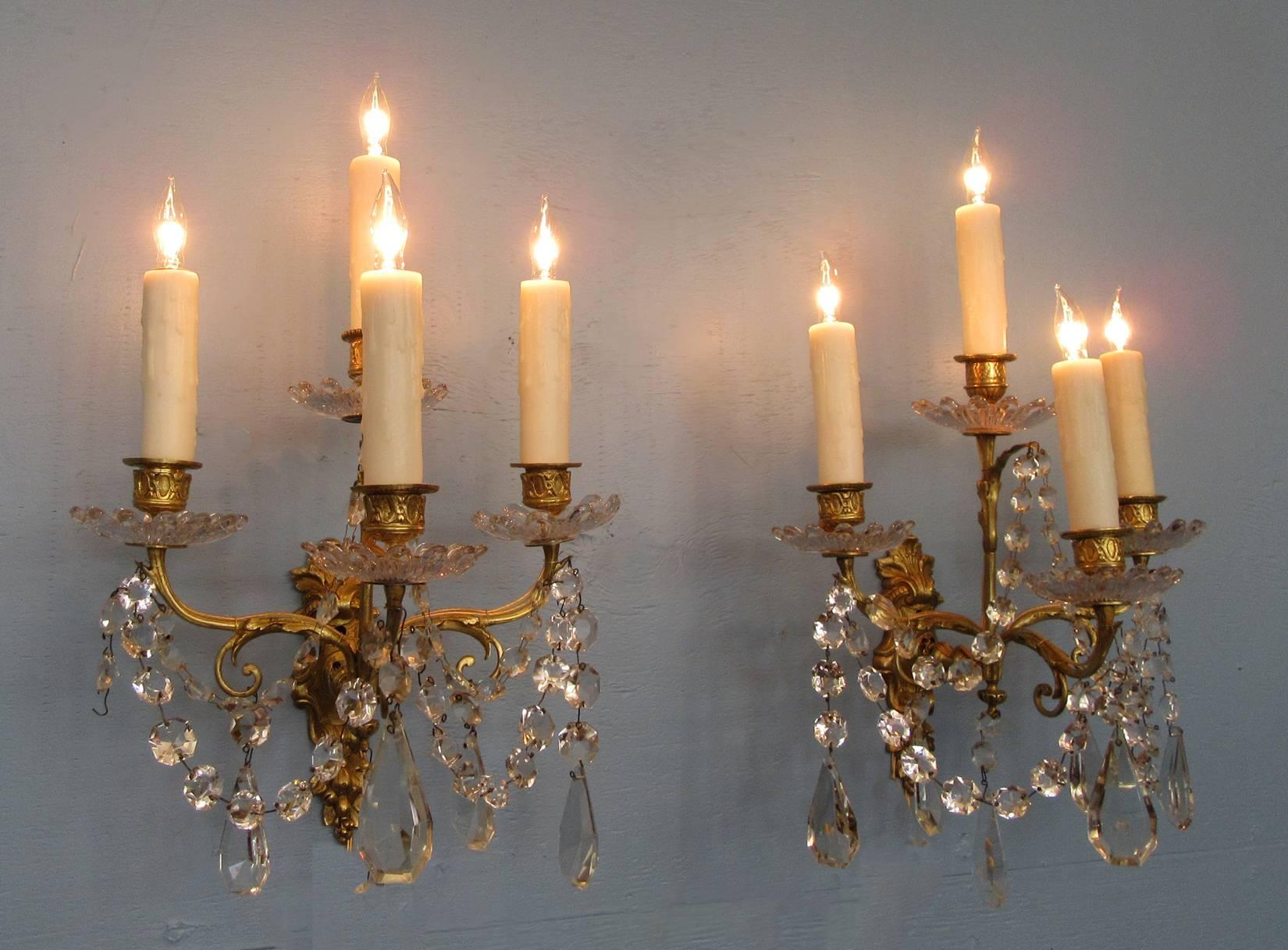 Pair of Early 19th Century French Regence Crystal and Bronze Dore Sconces 1