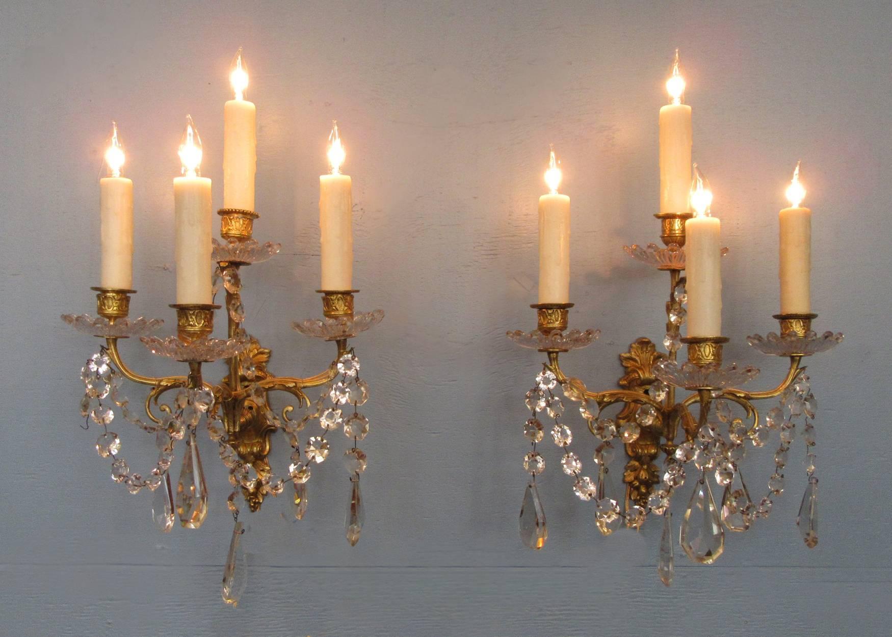 Pair of Early 19th Century French Regence Crystal and Bronze Dore Sconces 2