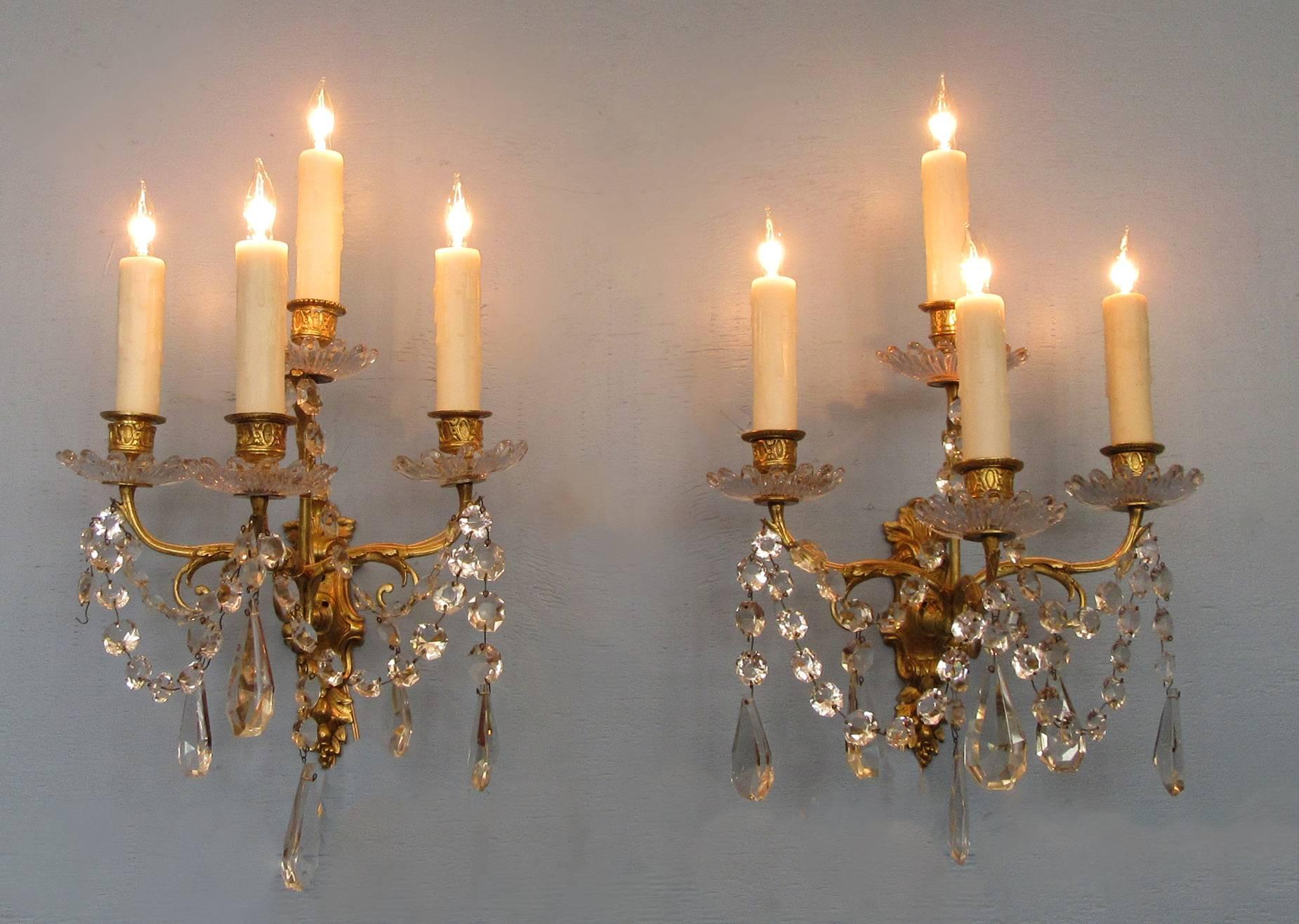 Pair of Early 19th Century French Regence Crystal and Bronze Dore Sconces 3