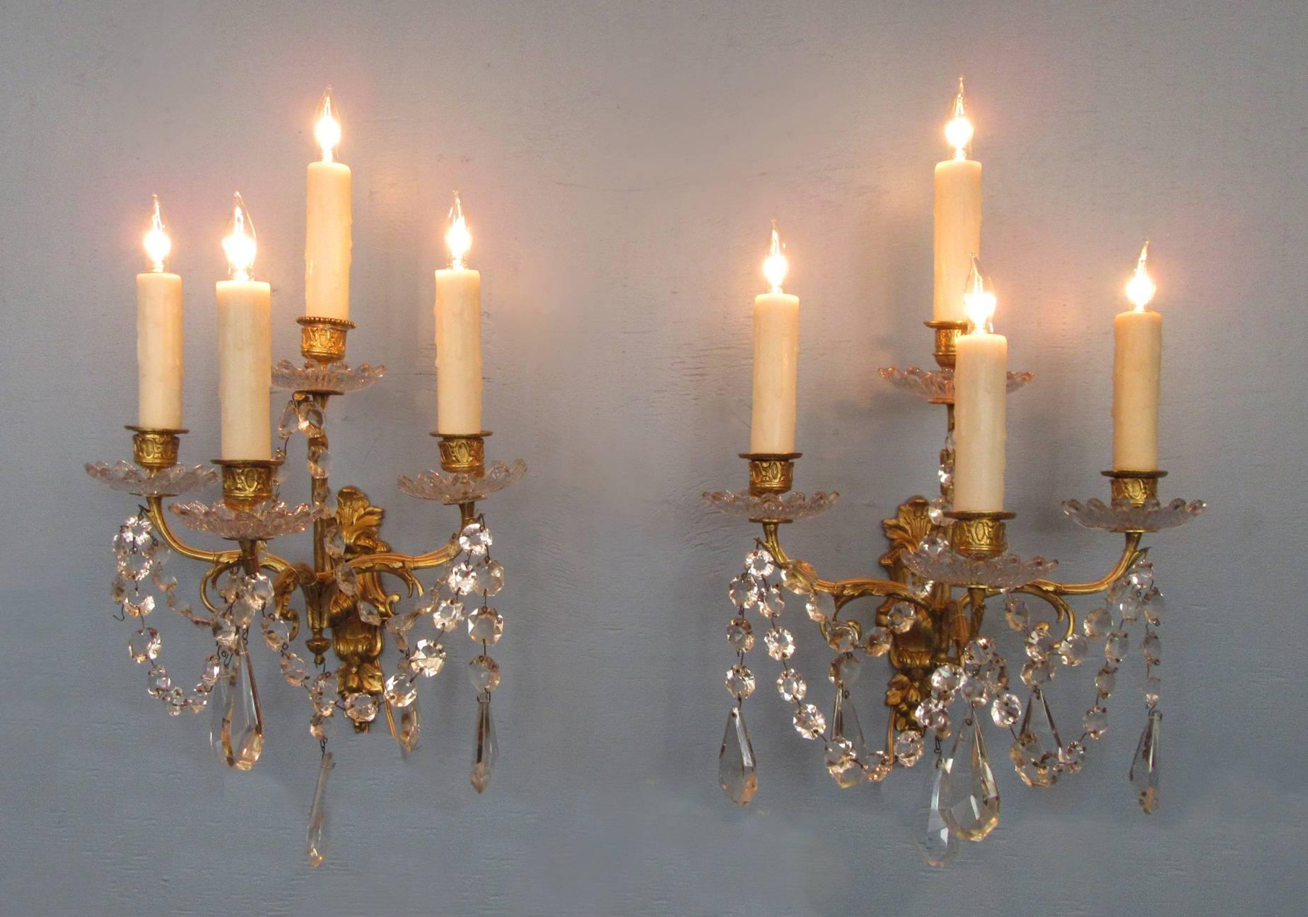 Régence Pair of Early 19th Century French Regence Crystal and Bronze Dore Sconces