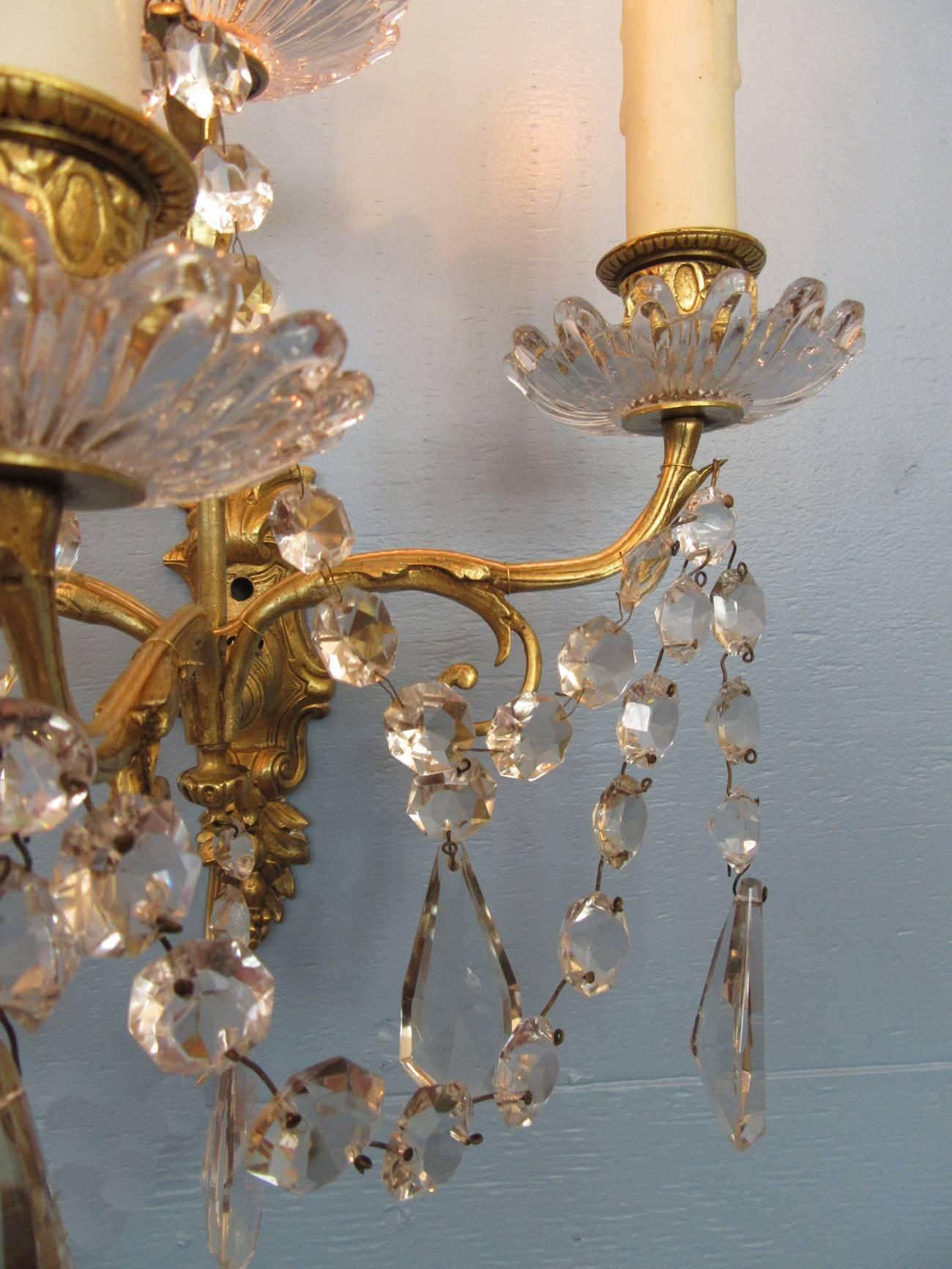 Pair of Early 19th Century French Regence Crystal and Bronze Dore Sconces In Excellent Condition In Charleston, SC