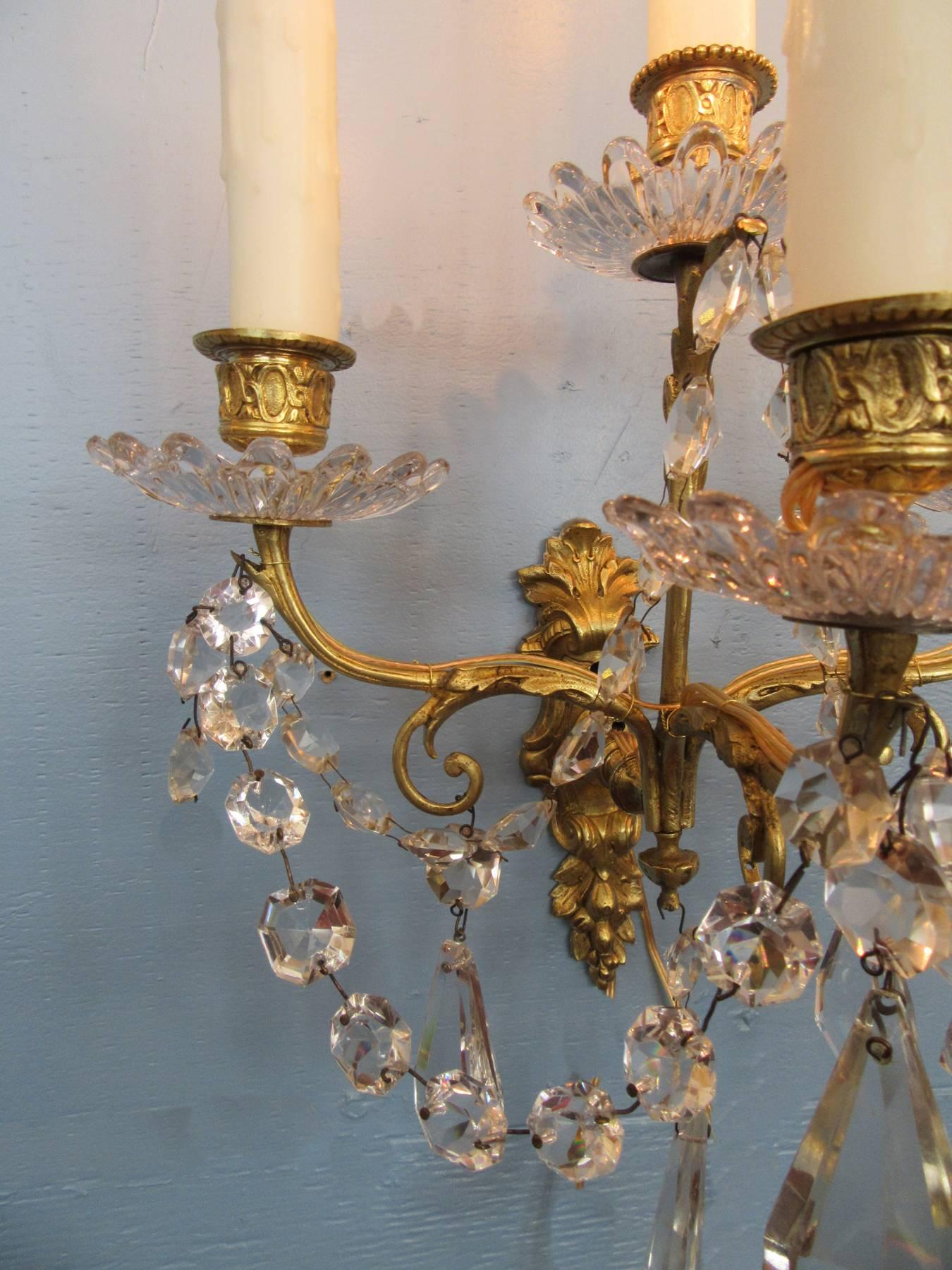 Gilt Pair of Early 19th Century French Regence Crystal and Bronze Dore Sconces