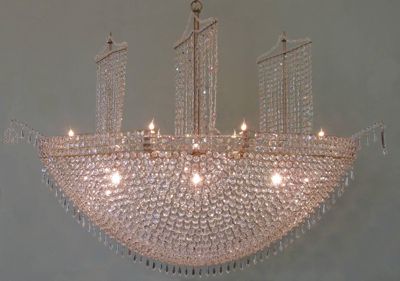 Monumental Mid-20th Century French Crystal and Tole Three Masted Ship Chandelier In Excellent Condition In Charleston, SC