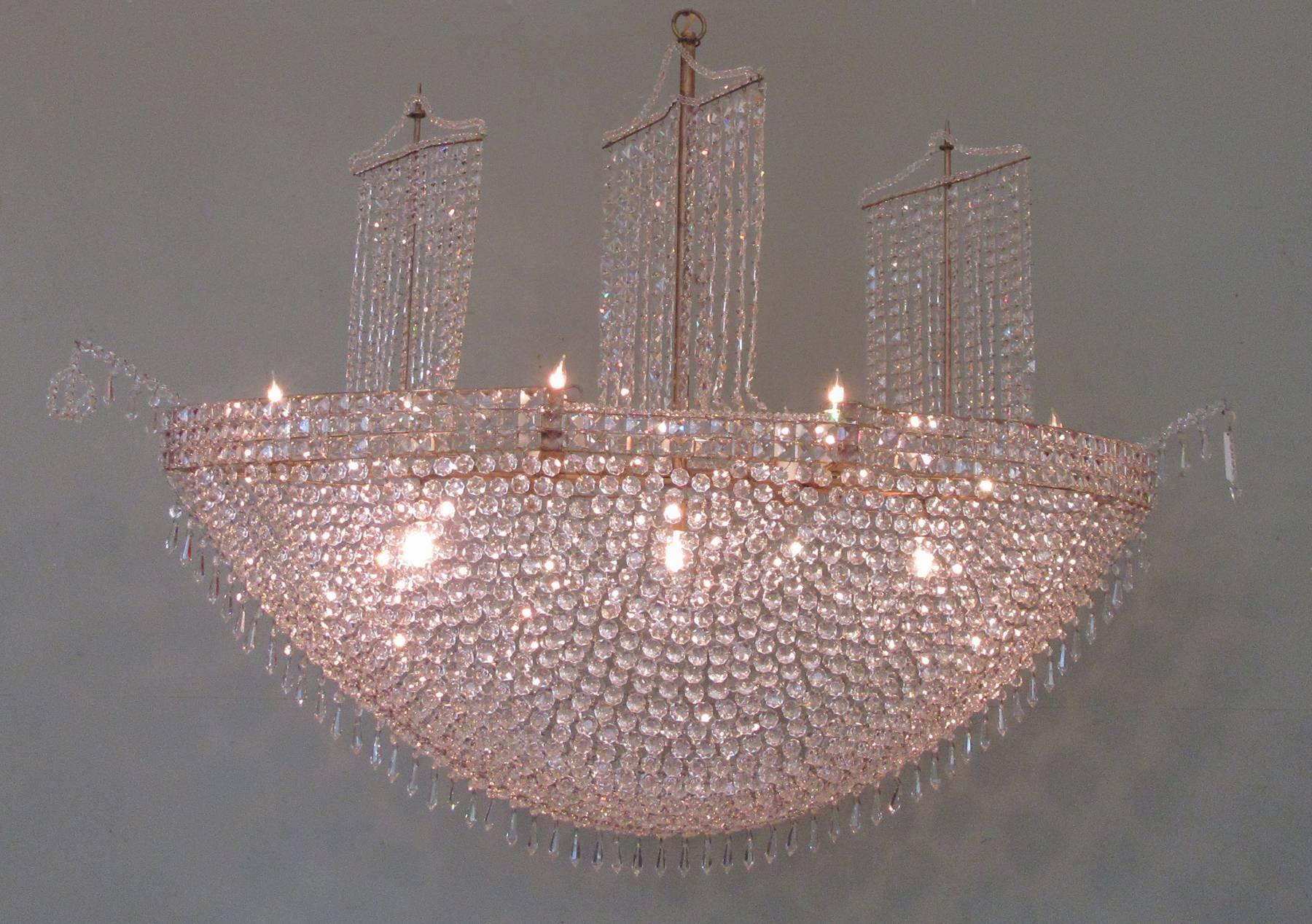Monumental Mid-20th Century French Crystal and Tole Three Masted Ship Chandelier 2