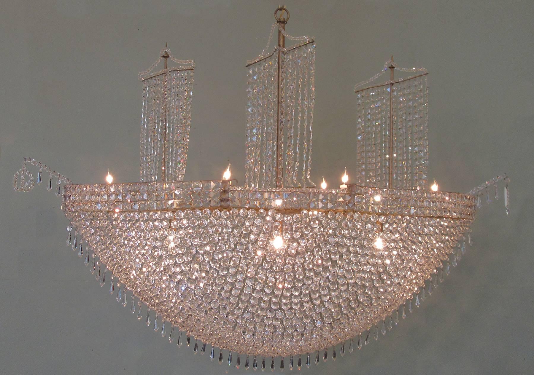 Monumental Mid-20th Century French Crystal and Tole Three Masted Ship Chandelier 4