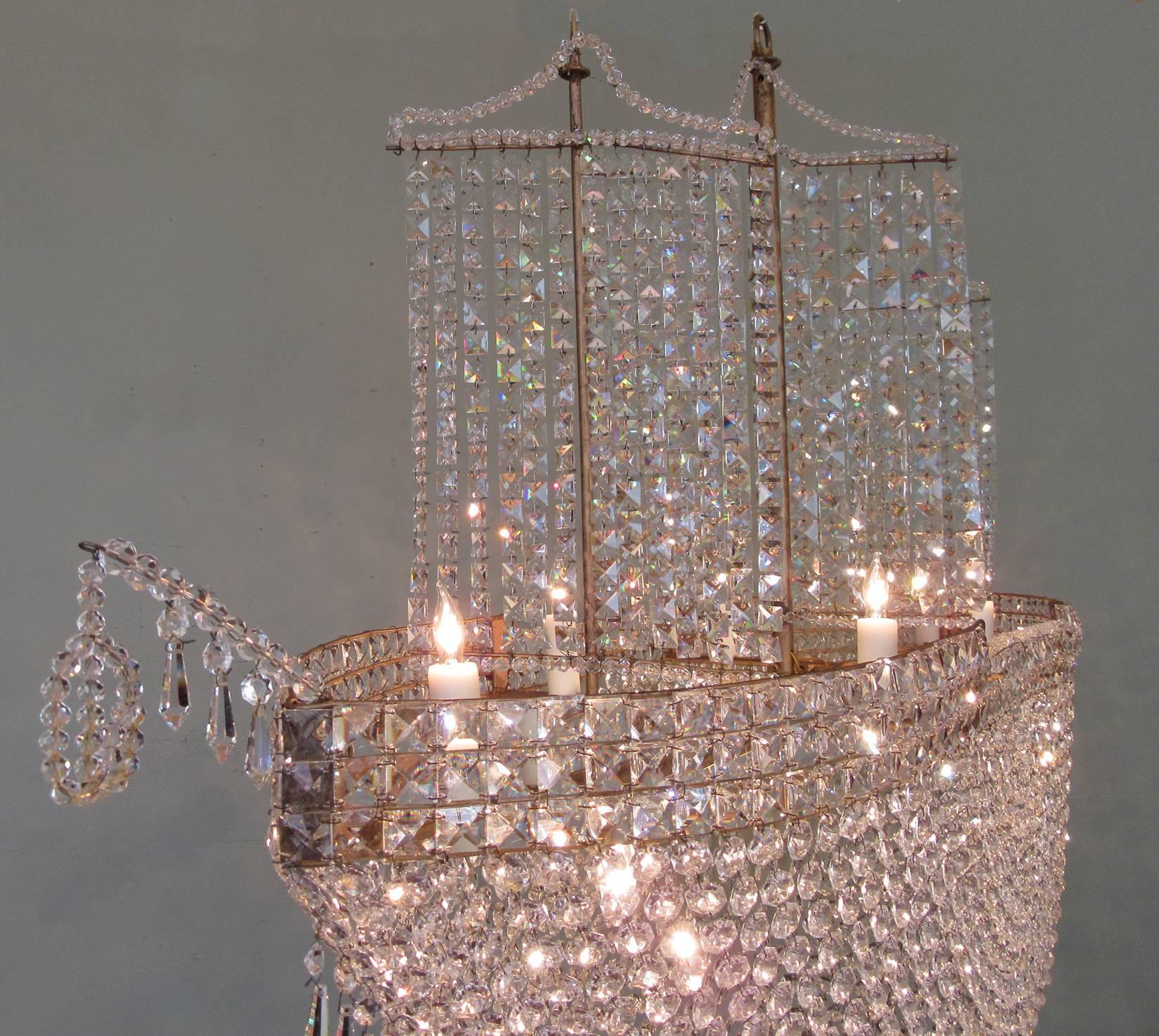 Monumental Mid-20th Century French Crystal and Tole Three Masted Ship Chandelier 1
