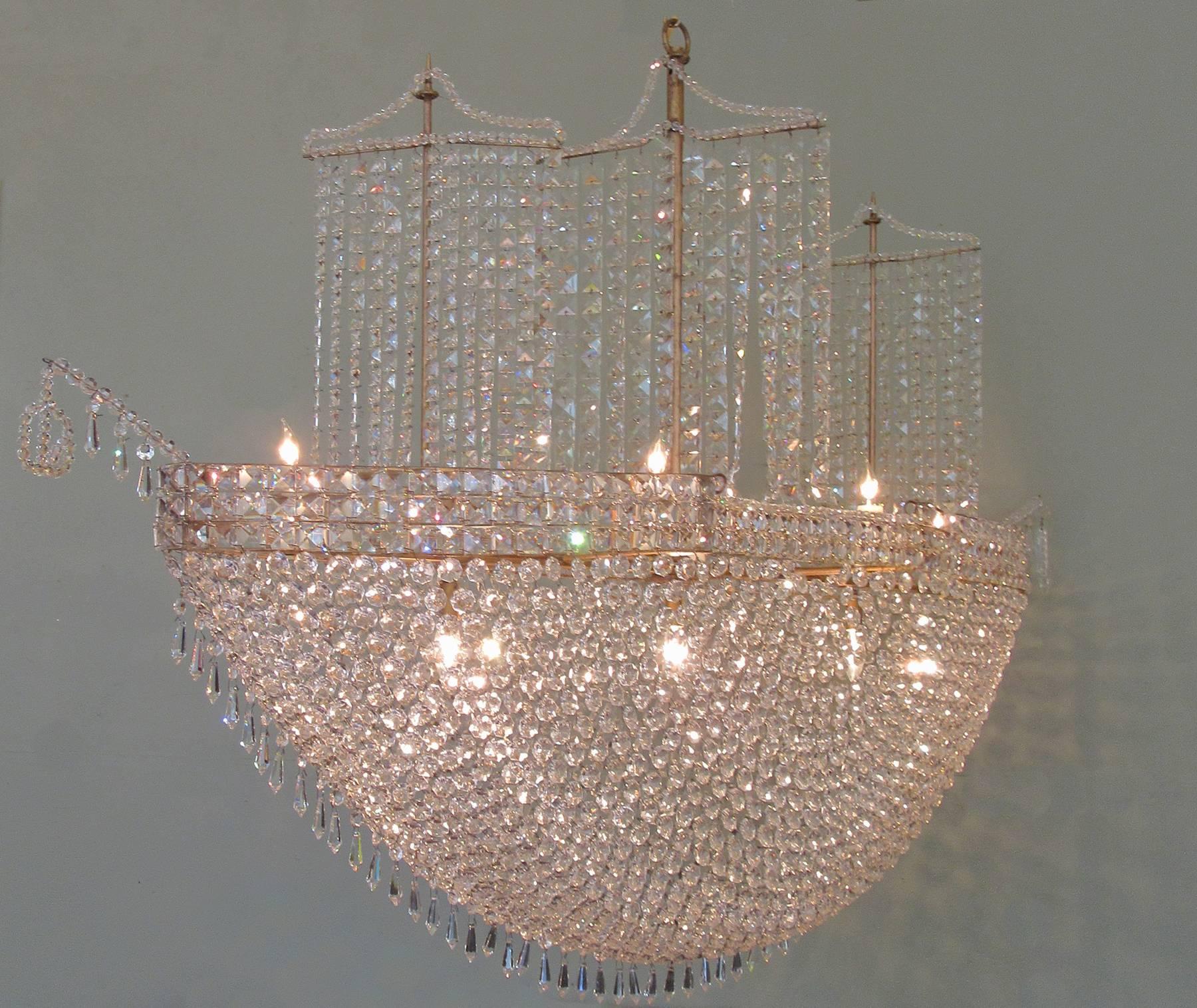 Monumental Mid-20th Century French Crystal and Tole Three Masted Ship Chandelier 6