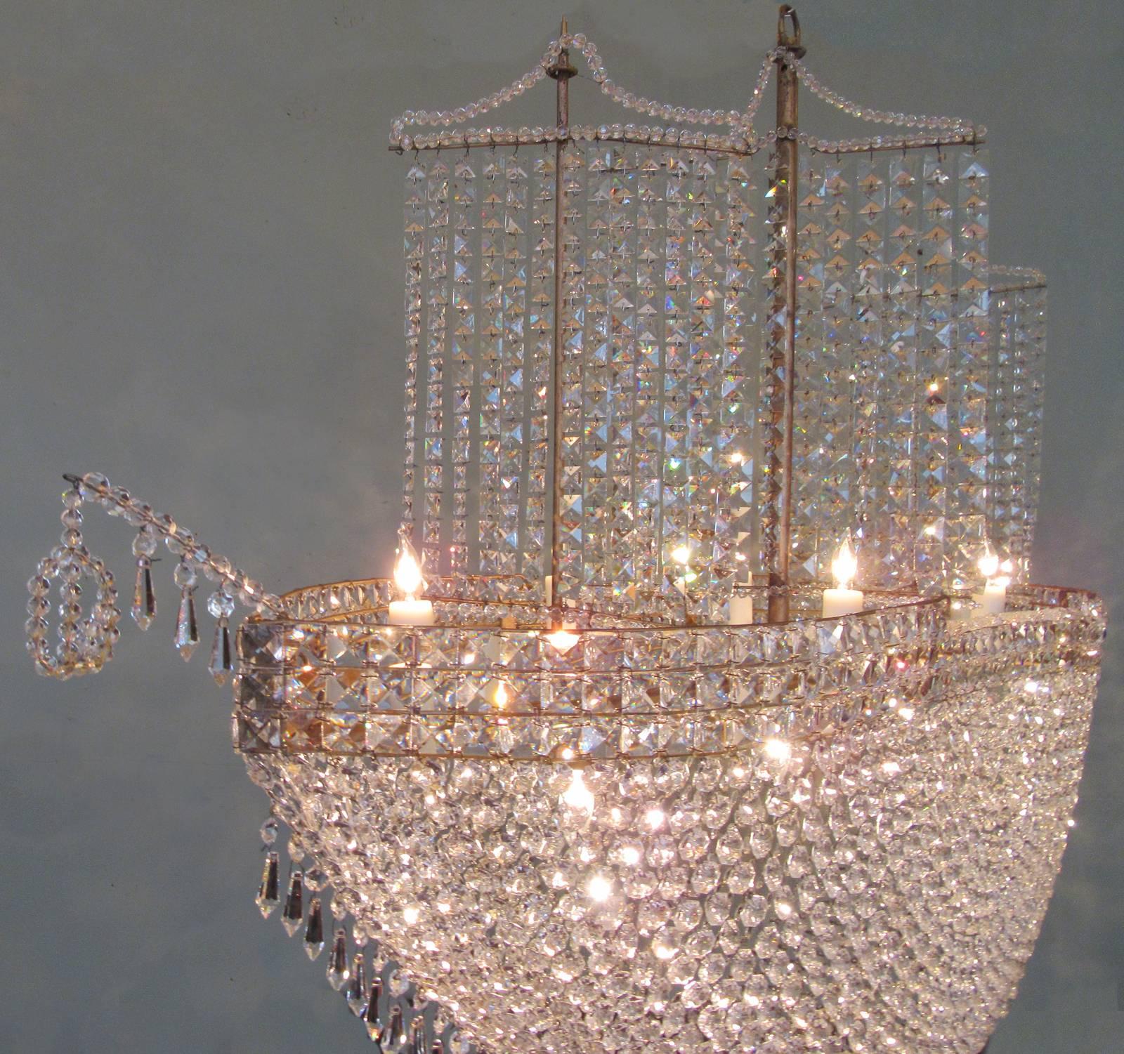 Monumental Mid-20th Century French Crystal and Tole Three Masted Ship Chandelier 3