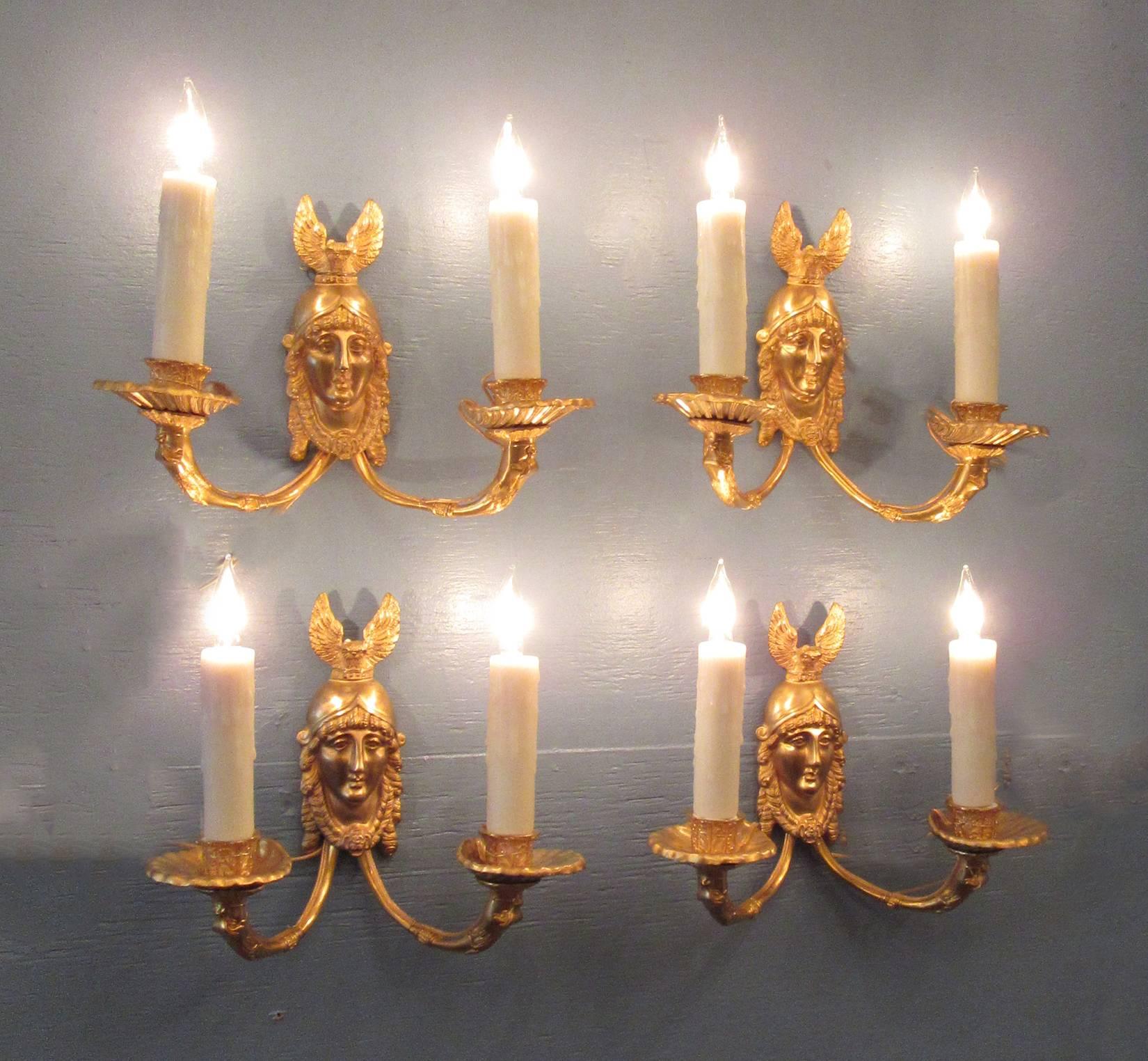 Gilt 19th Century French Bronze Dore Athena with Owl Sconces For Sale