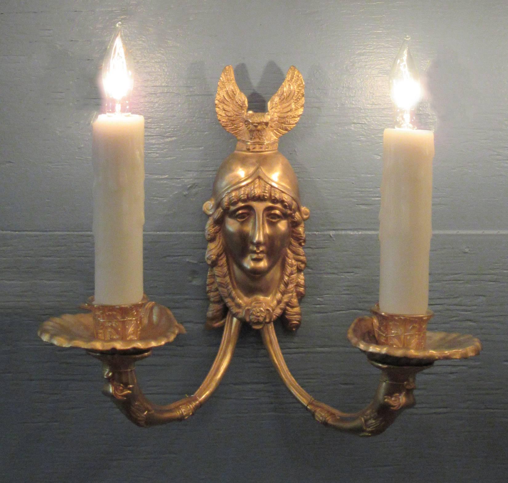 Classical Roman 19th Century French Bronze Dore Athena with Owl Sconces For Sale