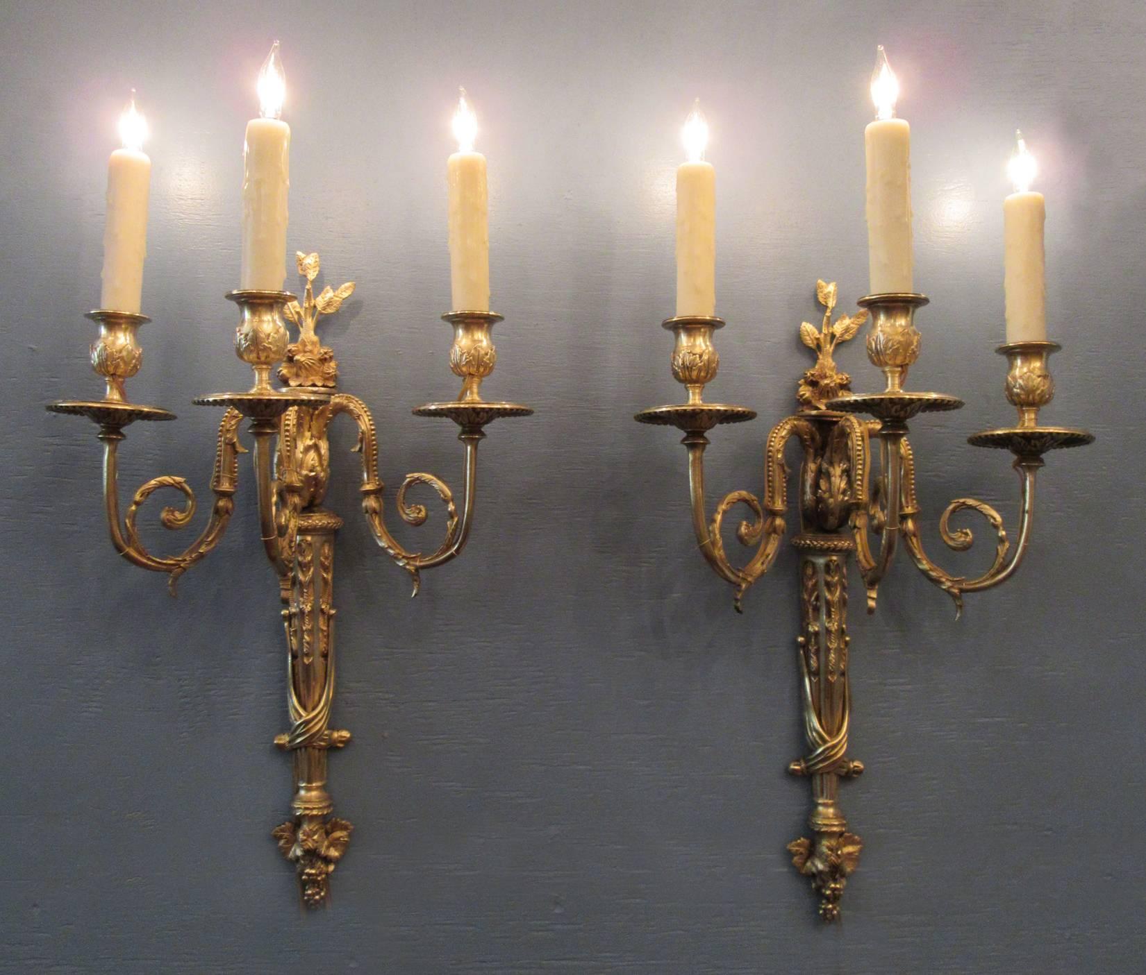 A pair of early 19th century French Regence bronze doré sconces, circa 1810, each featuring three candle arm torchieres with foliate, grape and fruit motifs. The pair were originally candle but have been recently cleaned and rewired with new