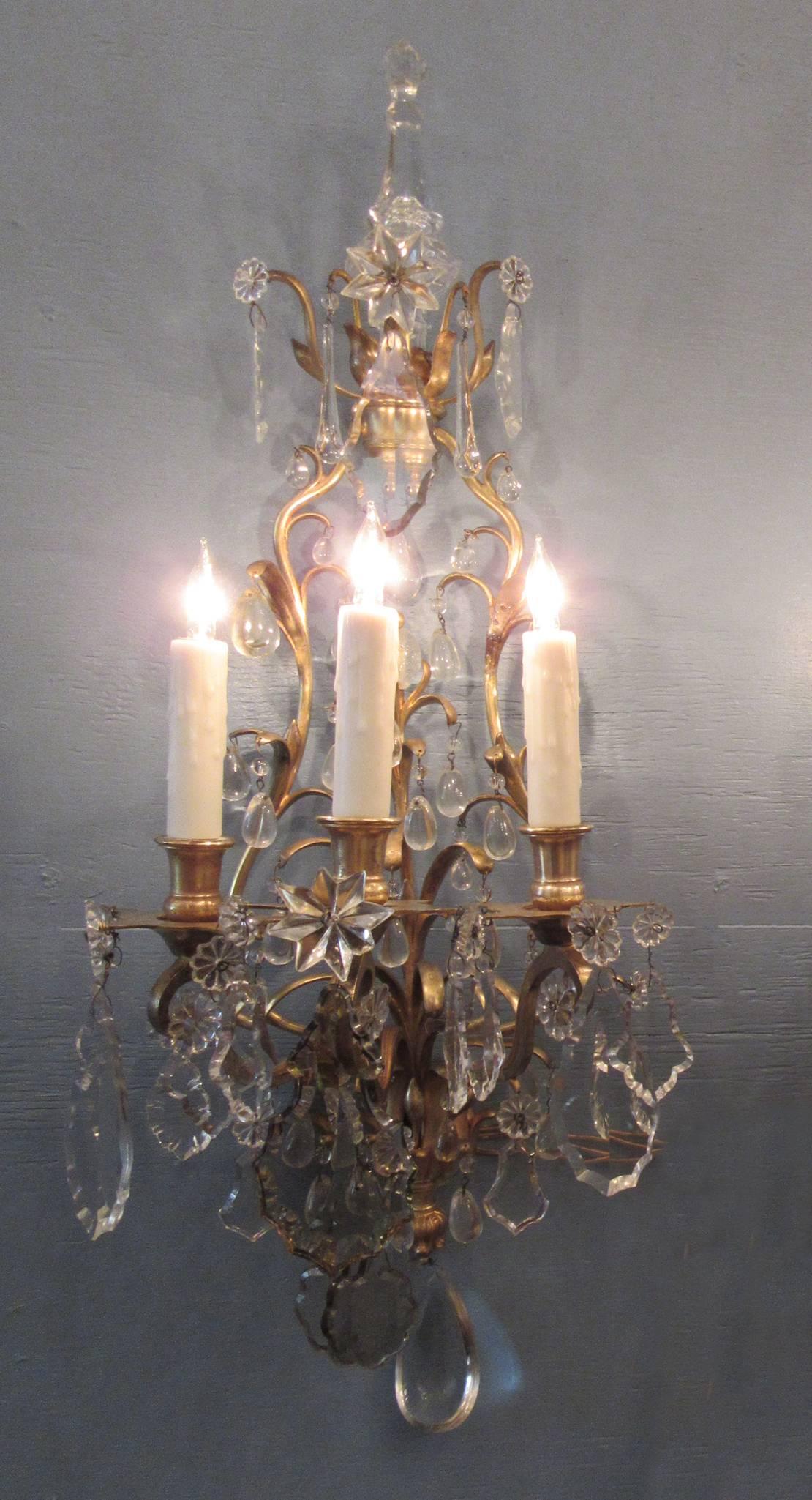 Pair of 19th Century French Louis XIV Tall Bronze Dore and Crystal Sconces 1