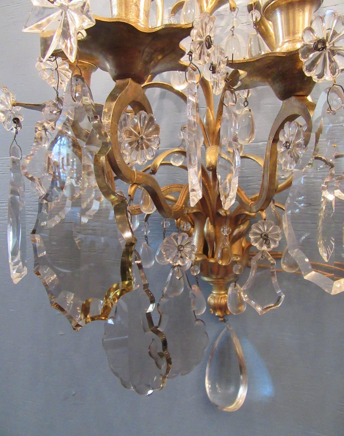 Pair of 19th Century French Louis XIV Tall Bronze Dore and Crystal Sconces 3