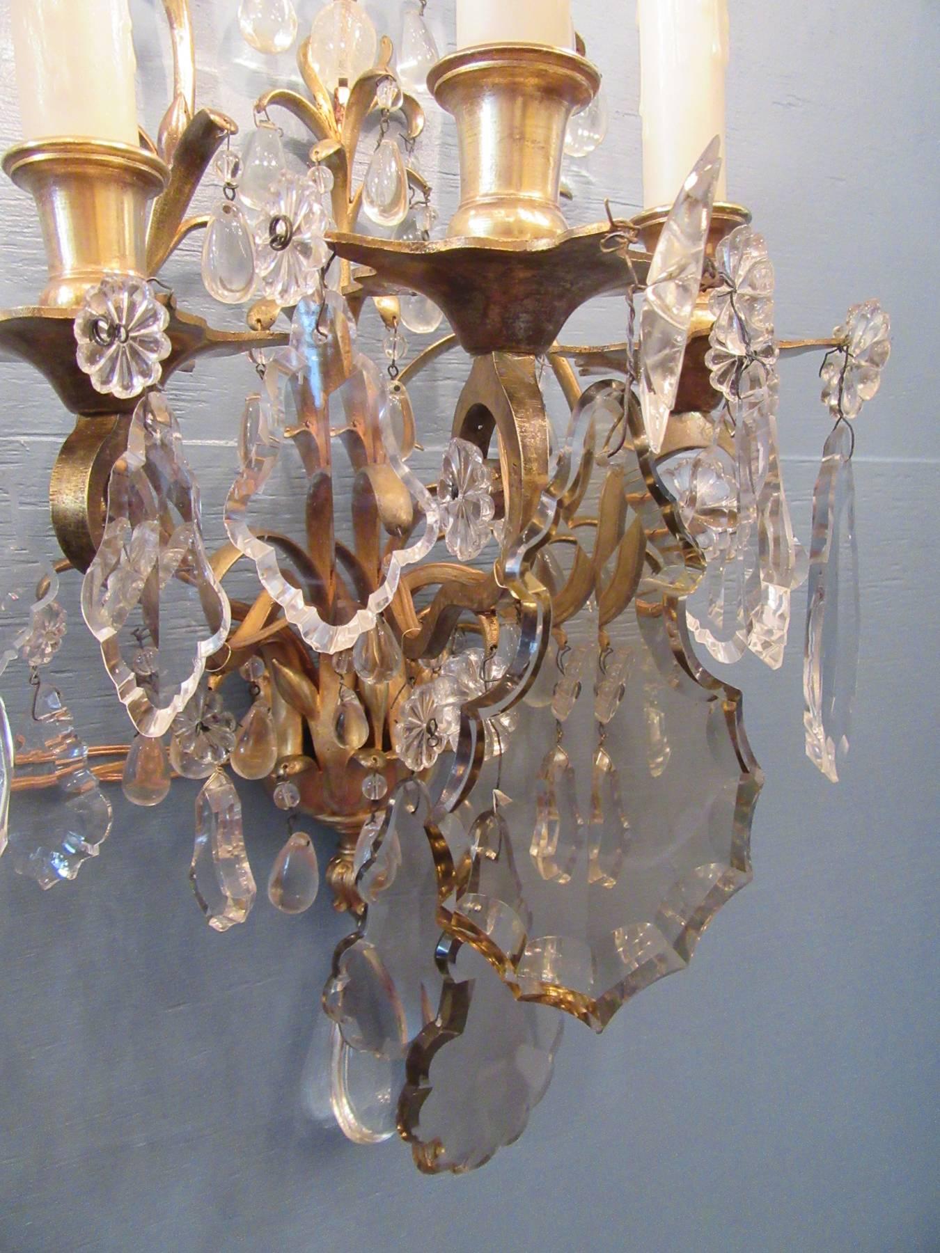 Pair of 19th Century French Louis XIV Tall Bronze Dore and Crystal Sconces 4