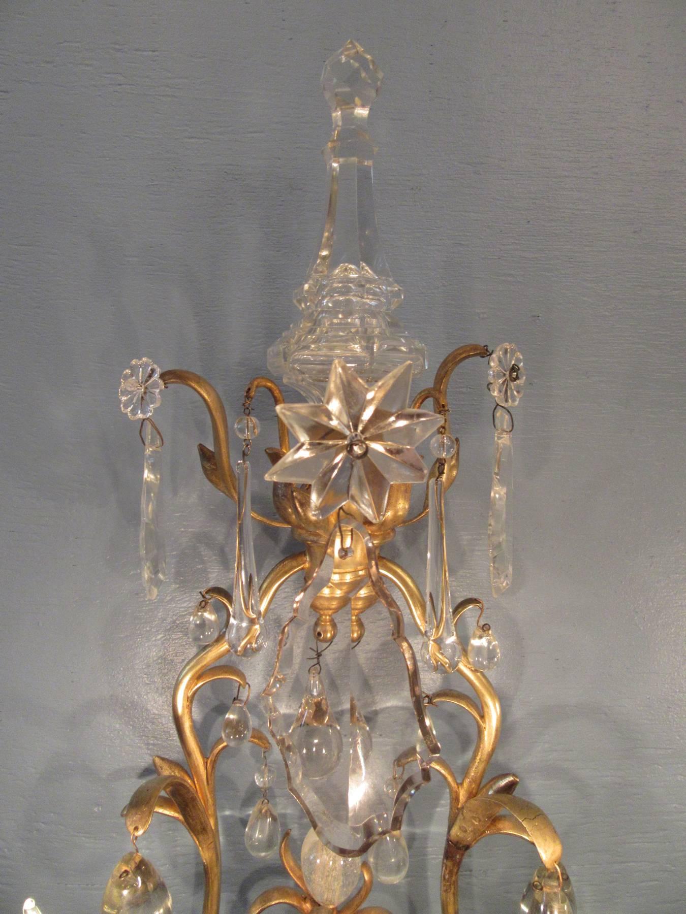 Pair of 19th Century French Louis XIV Tall Bronze Dore and Crystal Sconces 2