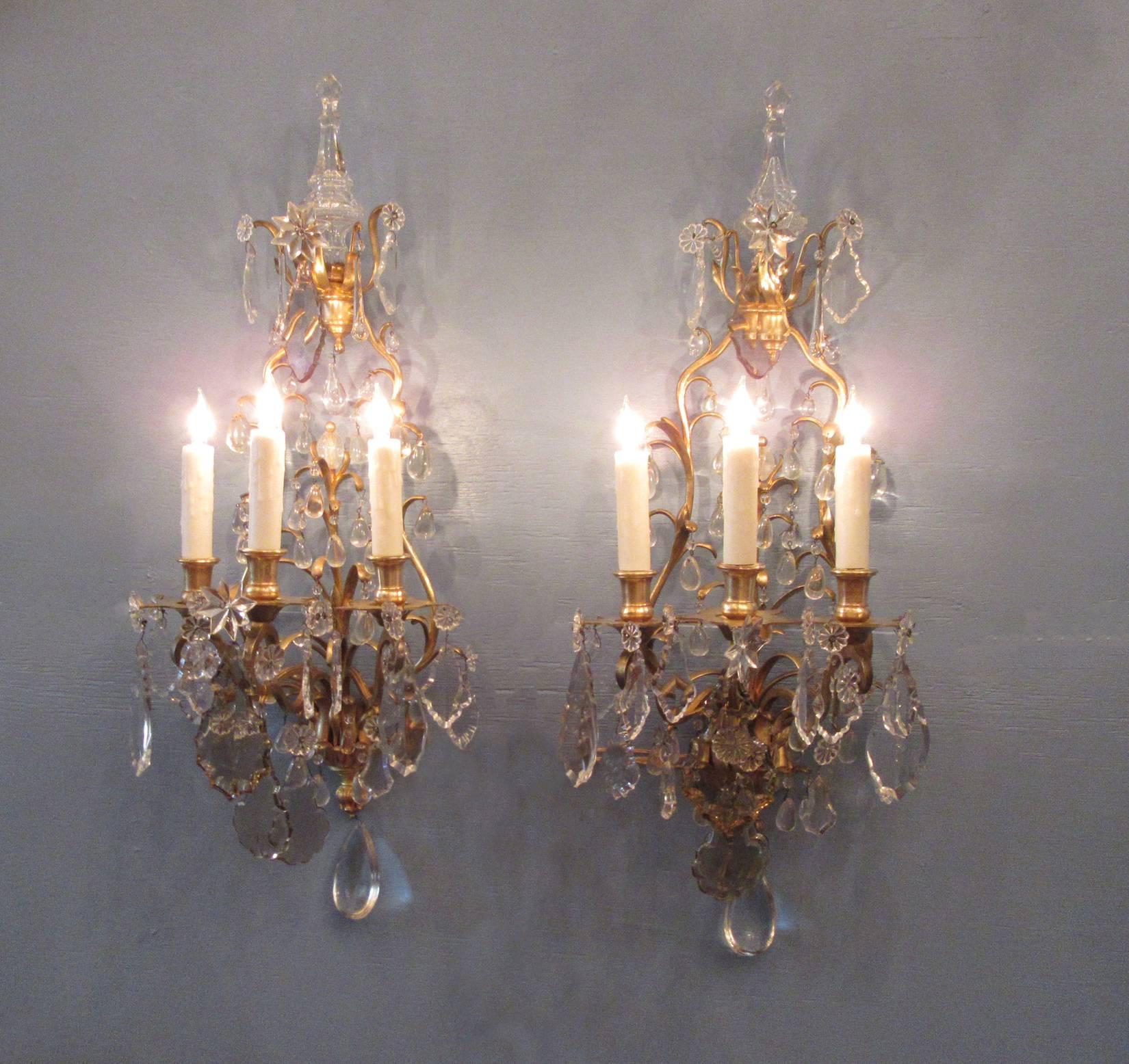 Pair of 19th Century French Louis XIV Tall Bronze Dore and Crystal Sconces 5