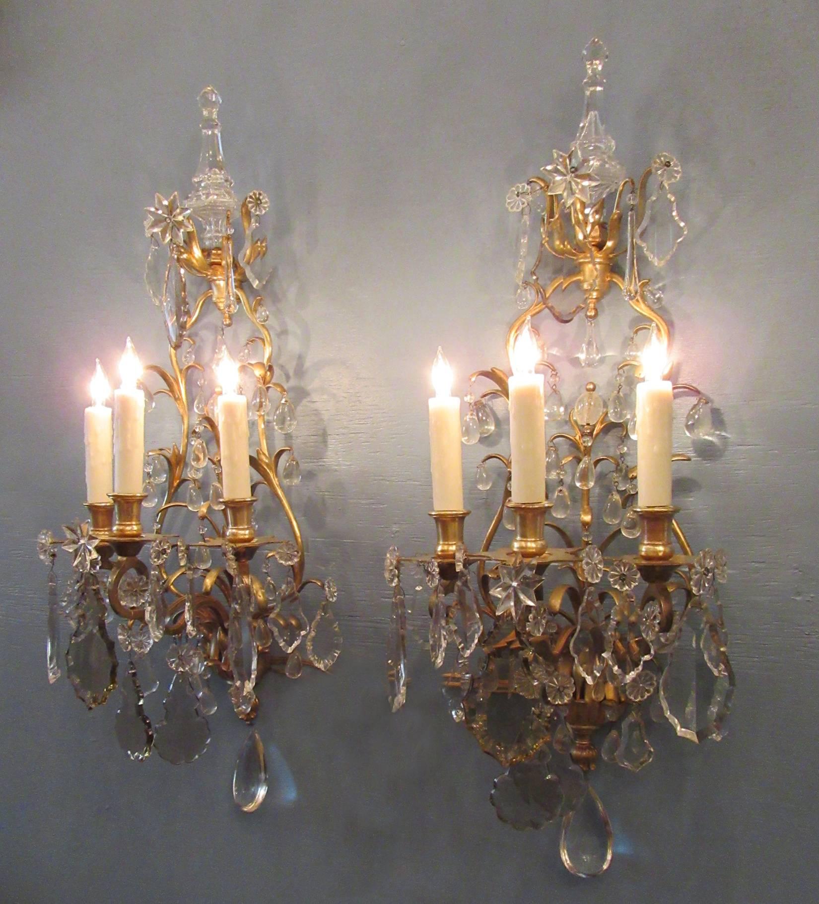 Pair of 19th Century French Louis XIV Tall Bronze Dore and Crystal Sconces In Excellent Condition In Charleston, SC