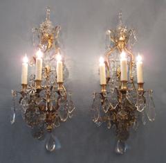 Pair of 19th Century French Louis XIV Tall Bronze Dore and Crystal Sconces