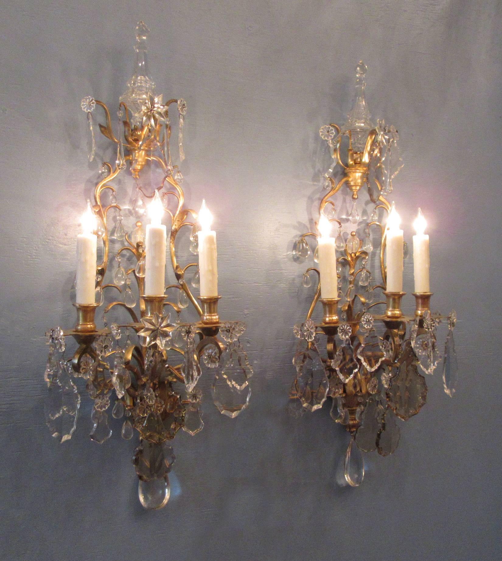 Pair of 19th Century French Louis XIV Tall Bronze Dore and Crystal Sconces 6