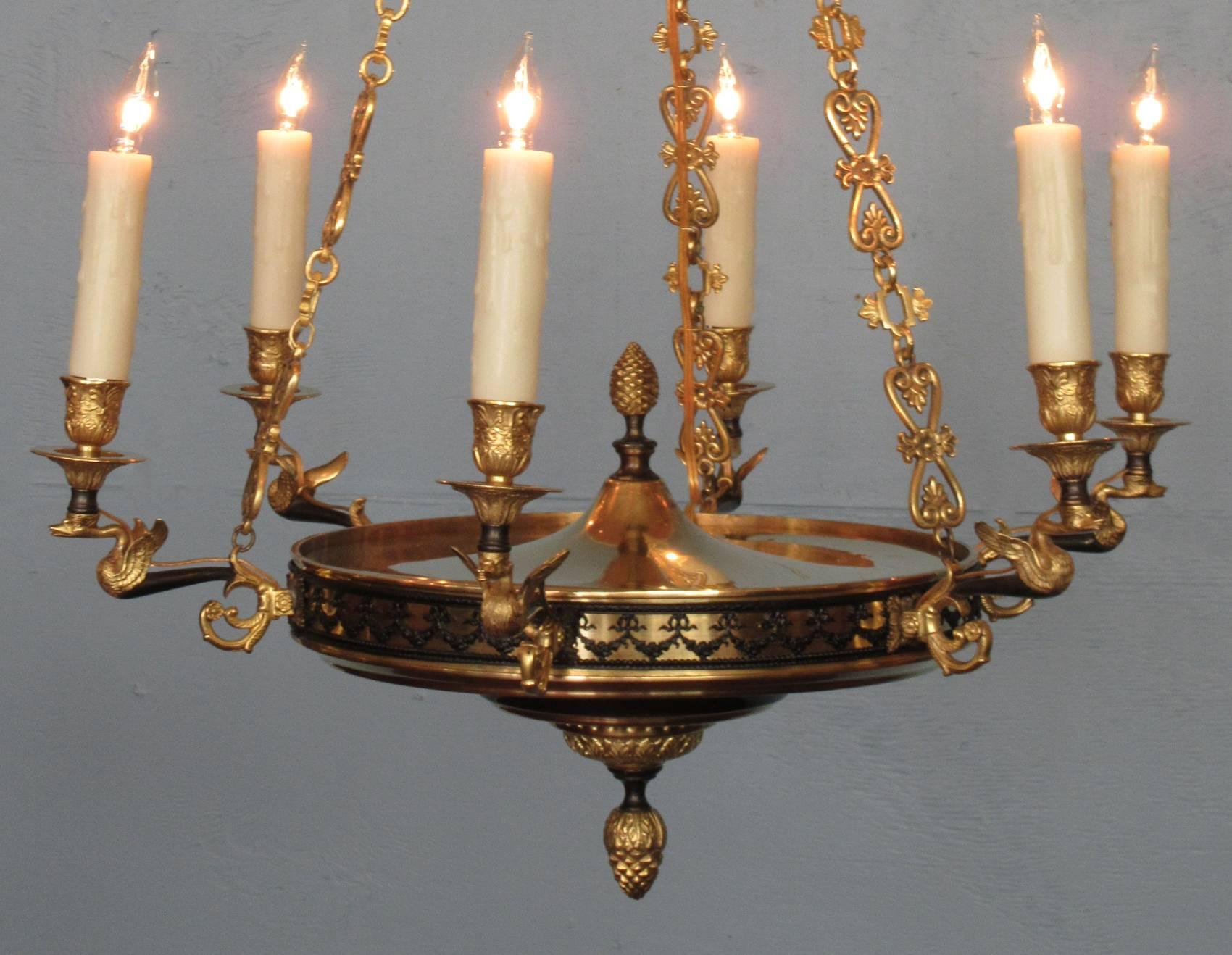 Early 19th Century French Restoration Patinated and Bronze Dore Swan Chandelier In Good Condition In Charleston, SC