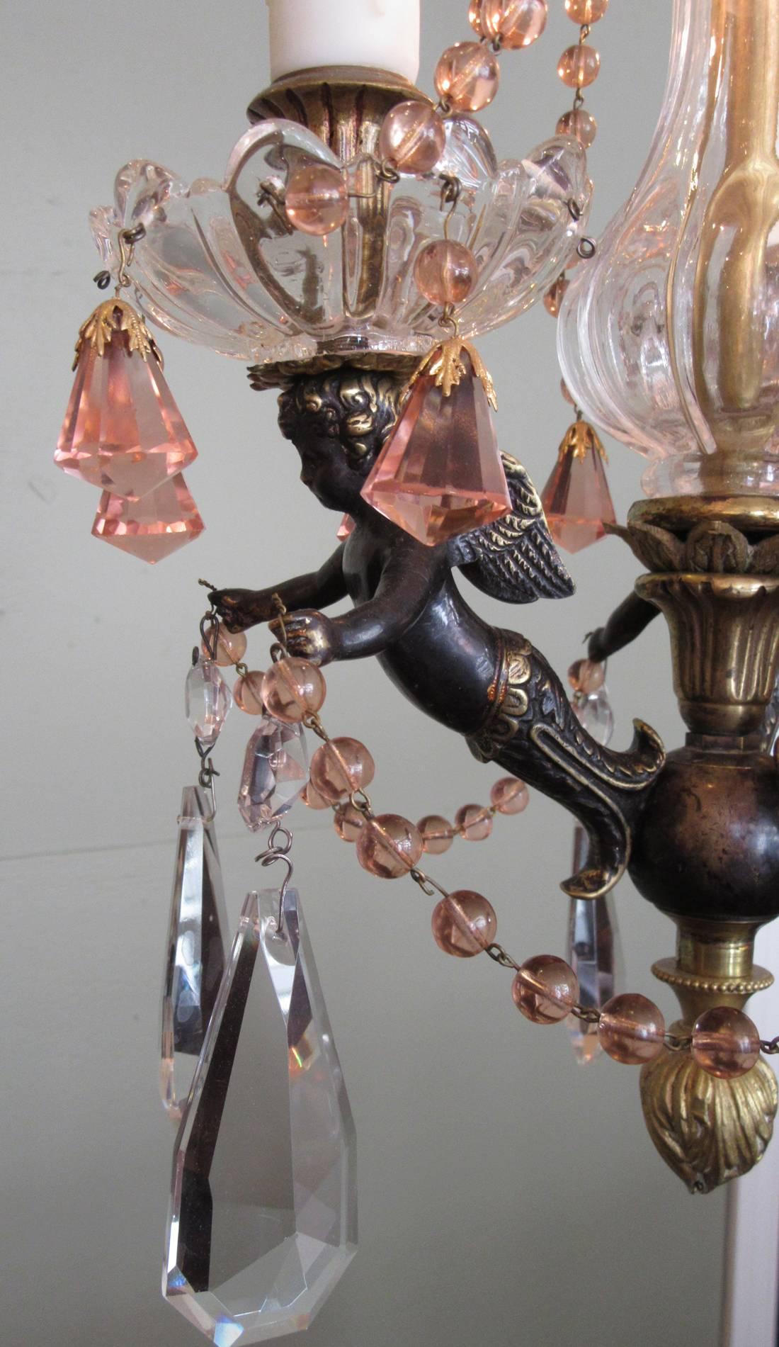 Small Early 20th Century French Empire Bronze and Peach Crystal Chandelier 2