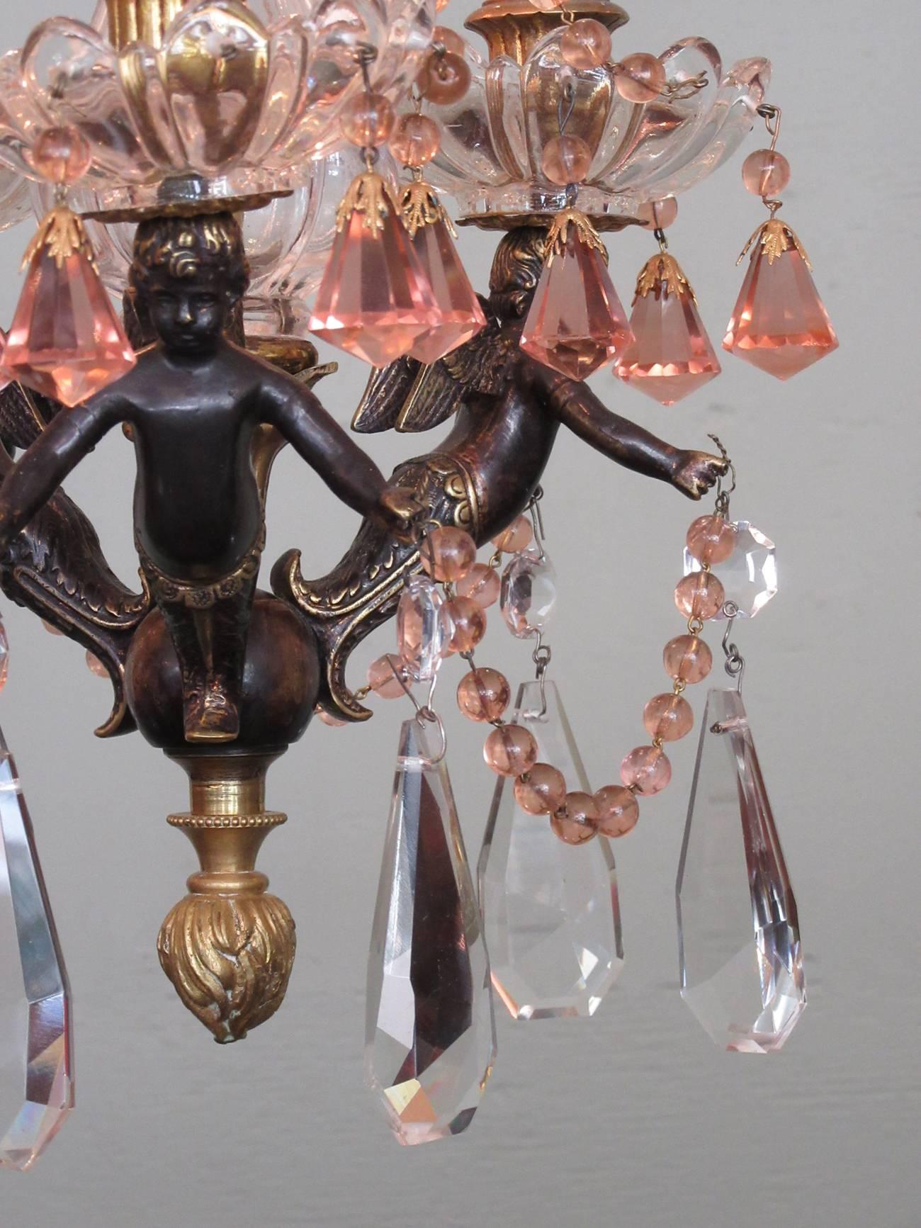 Small Early 20th Century French Empire Bronze and Peach Crystal Chandelier 1