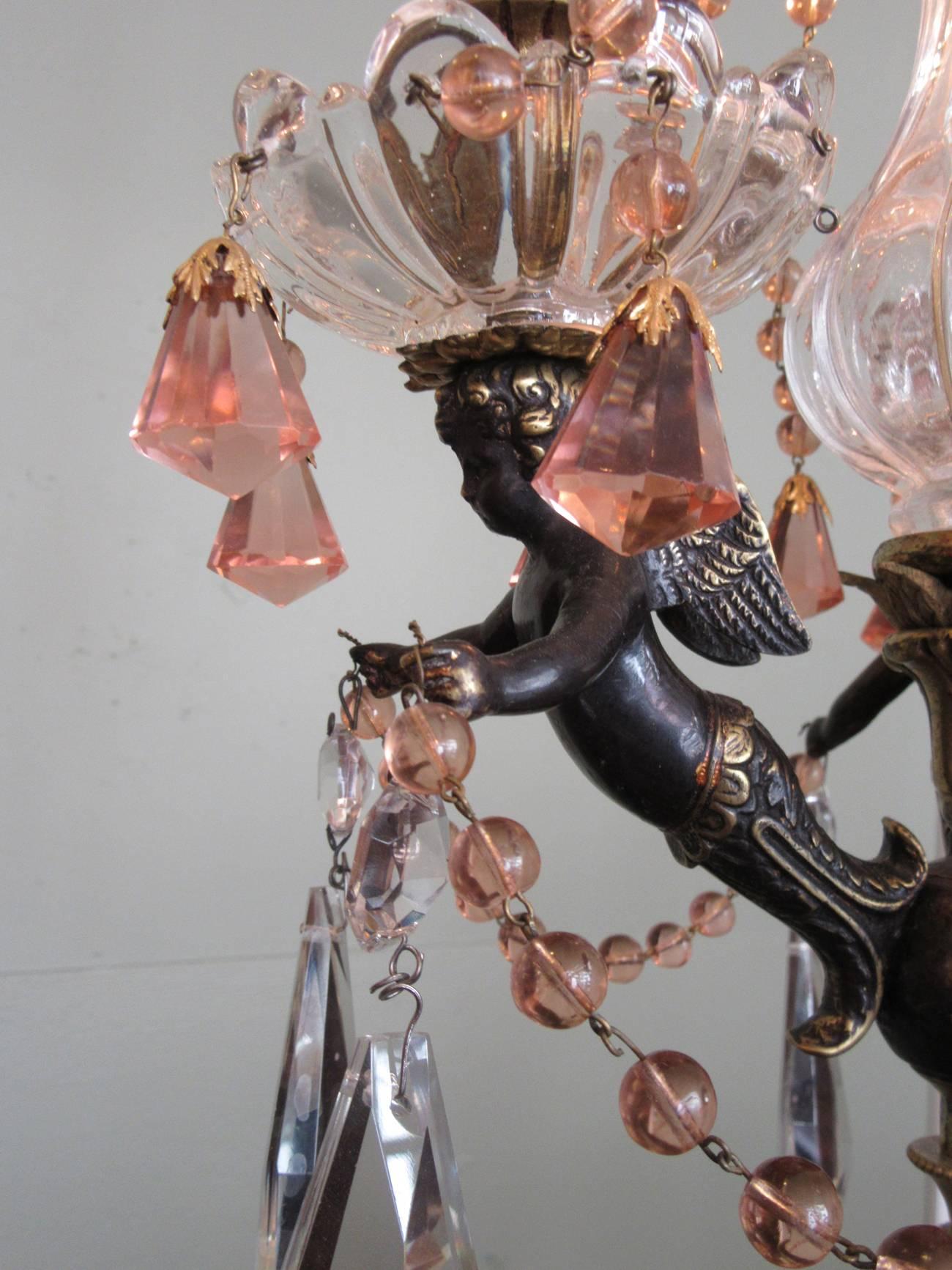 Small Early 20th Century French Empire Bronze and Peach Crystal Chandelier 3